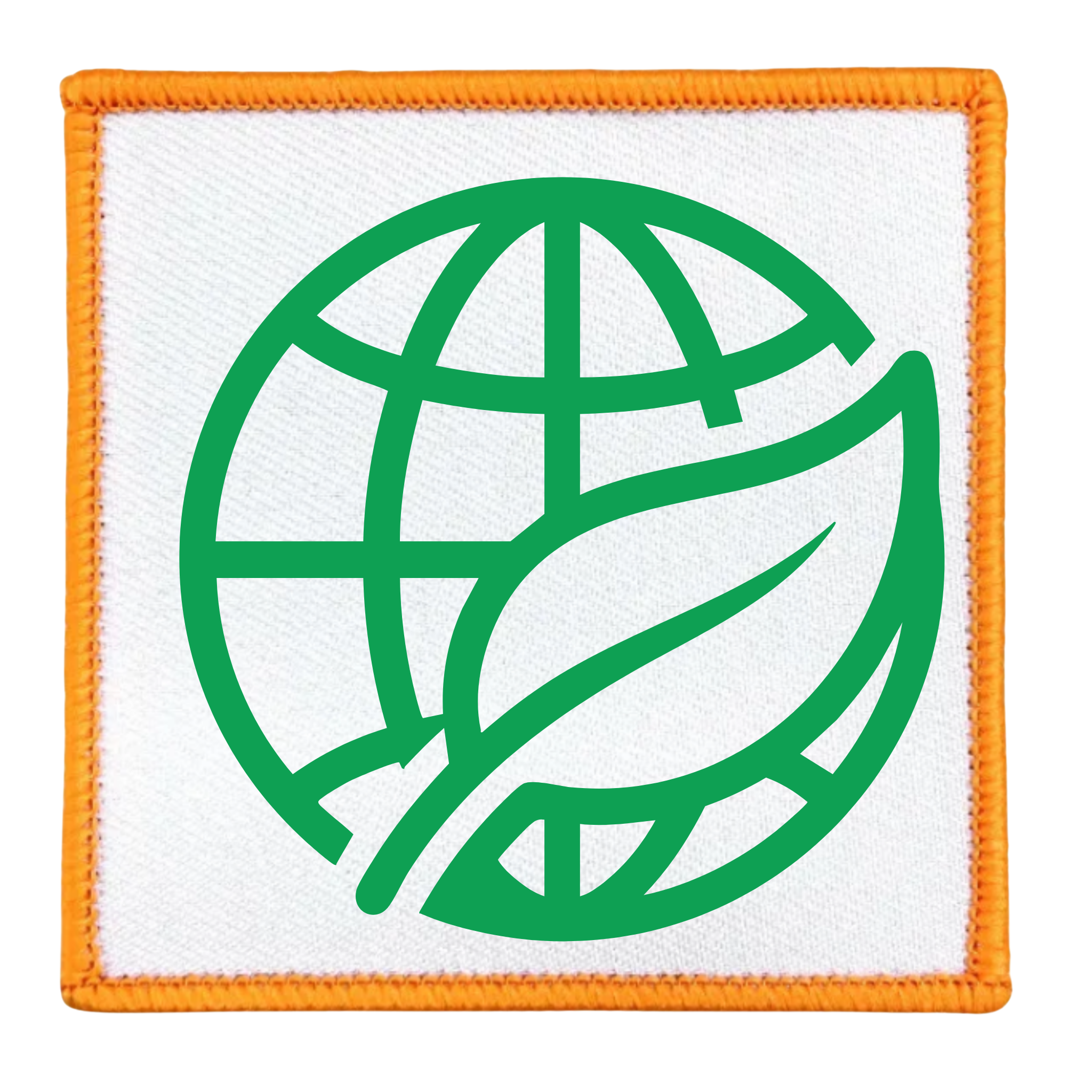 Environmental Steward Badge Green globe and leaf symbol on a white background with teal border