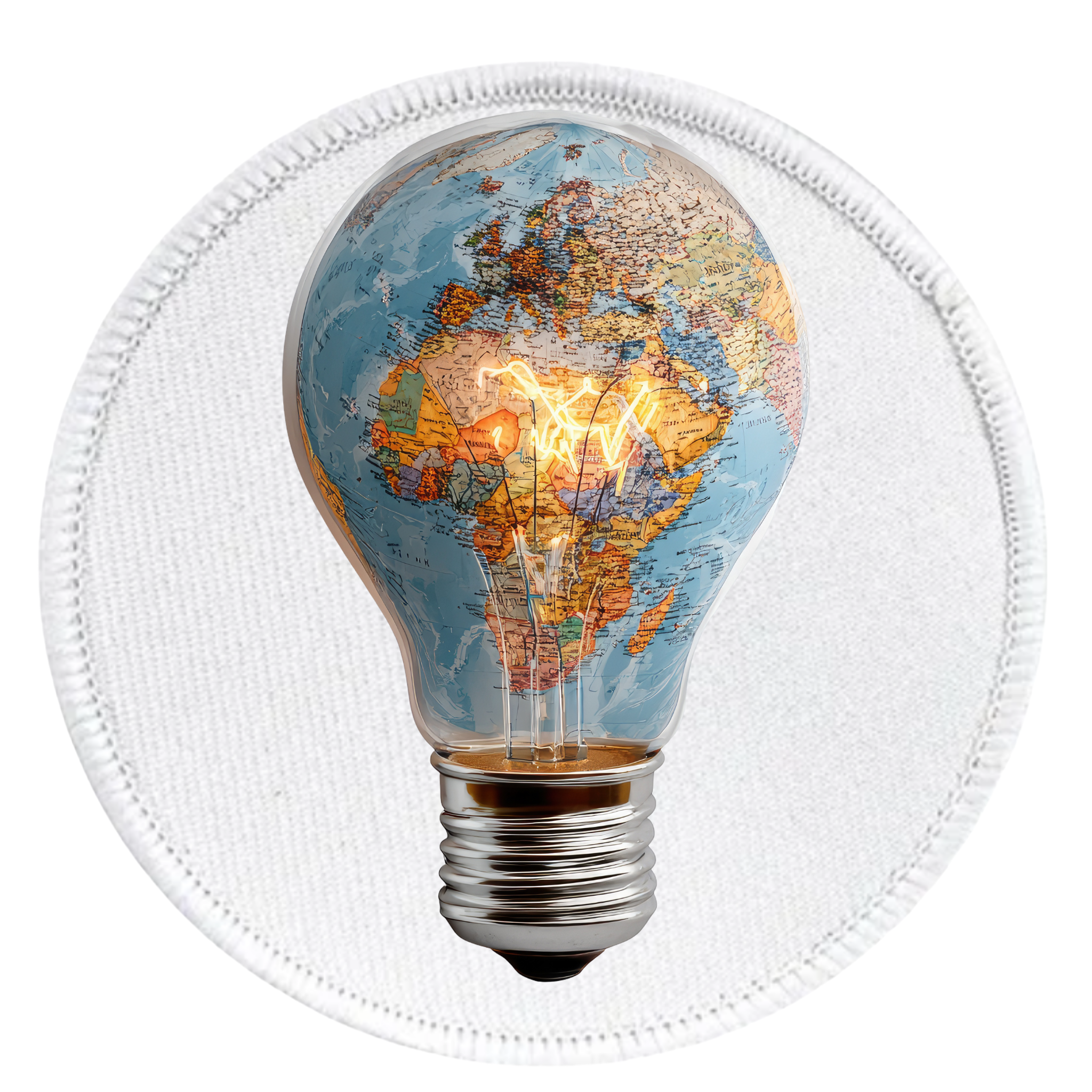 Virtual Creativity Badge Light bulb with world map design on a white background
