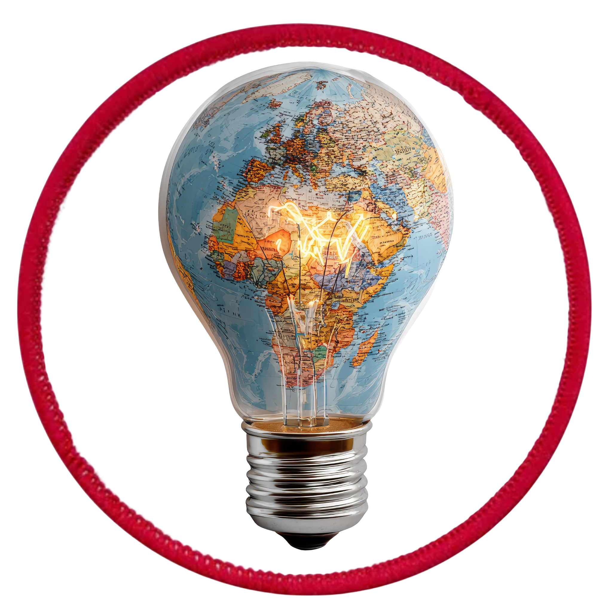 Virtual Creativity Badge Light bulb with world map design on a white background