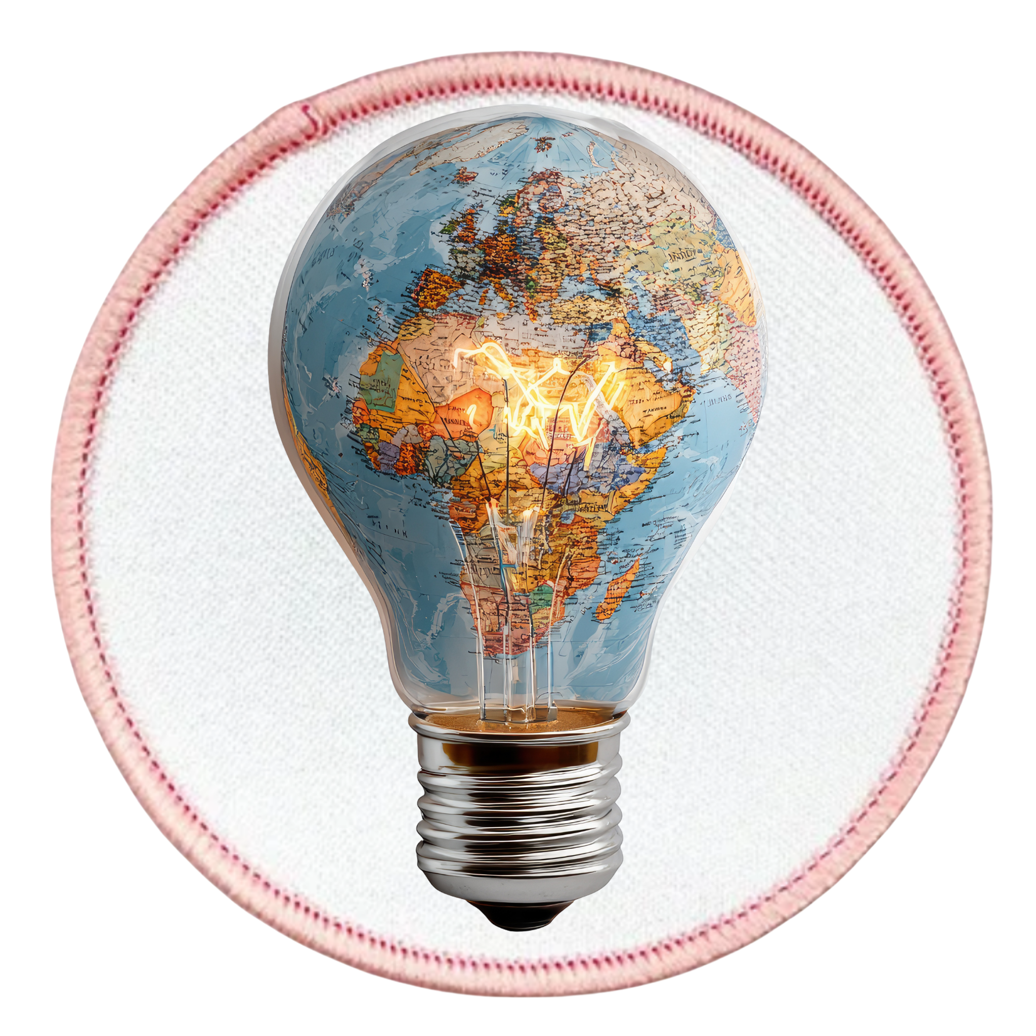 Virtual Creativity Badge Light bulb with world map design on a white background