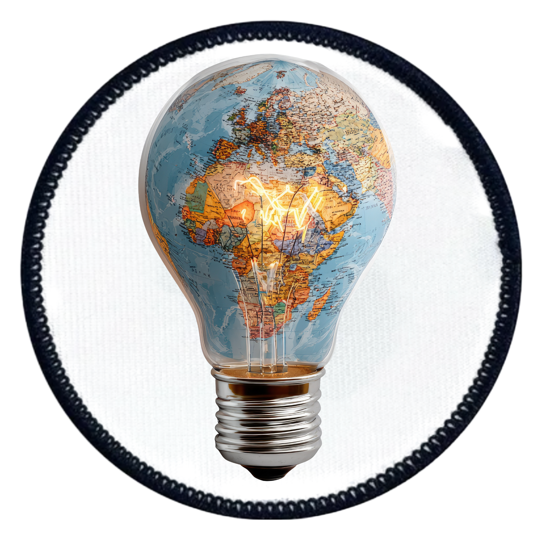 Virtual Creativity Badge Light bulb with world map design on a white background