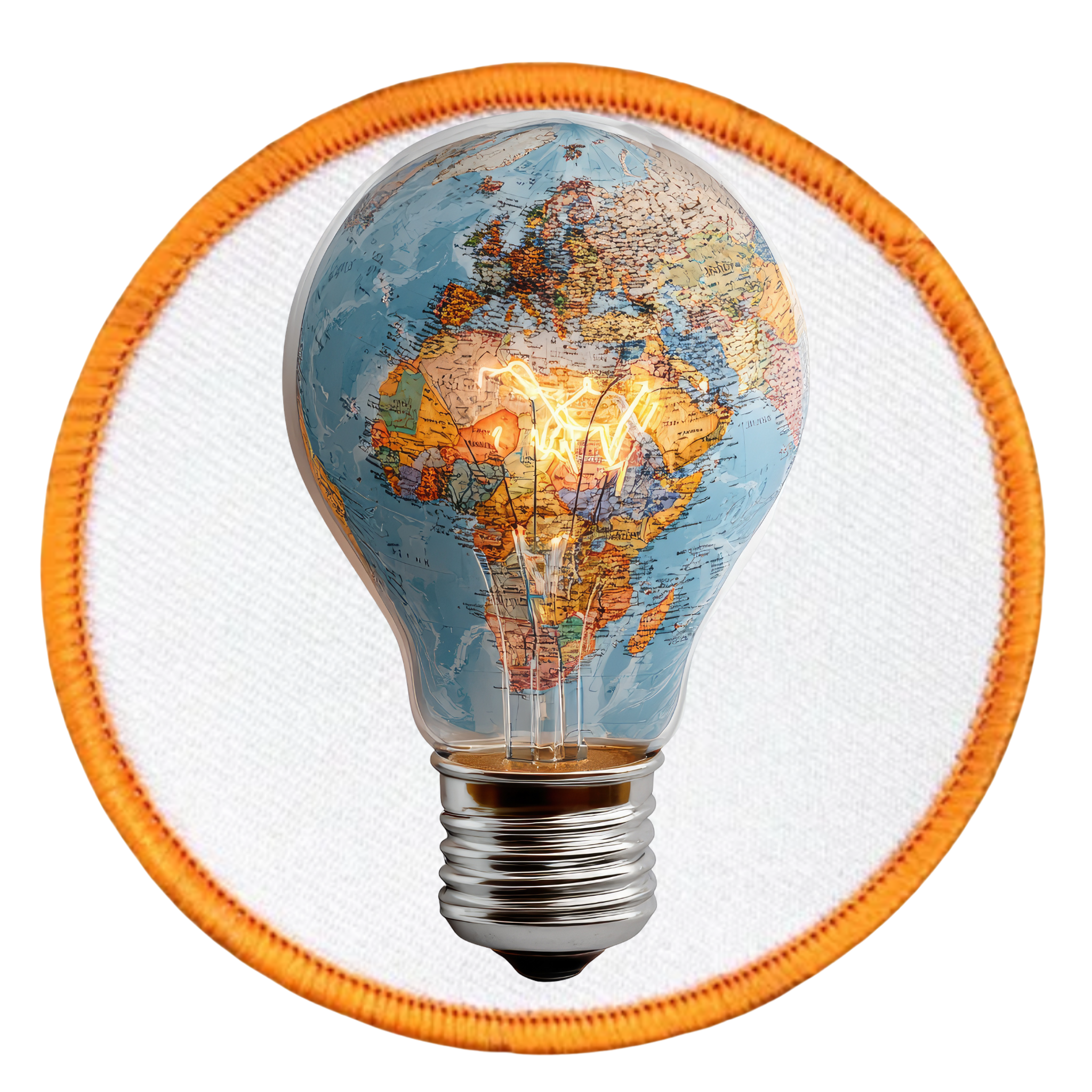 Virtual Creativity Badge Light bulb with world map design on a white background