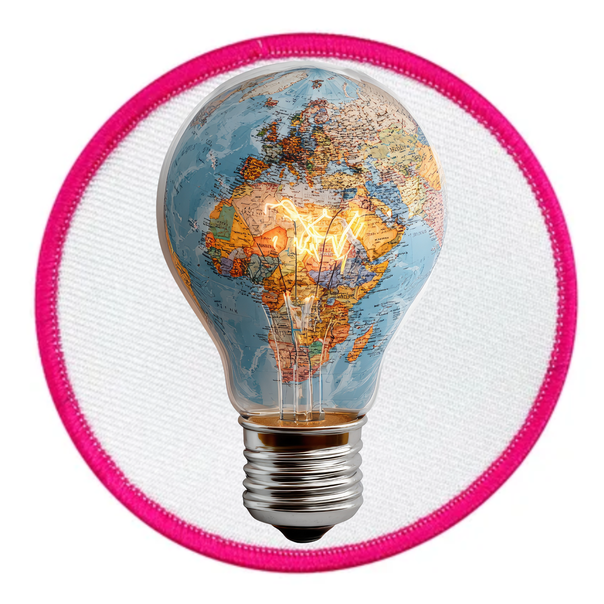 Virtual Creativity Badge Light bulb with world map design on a white background