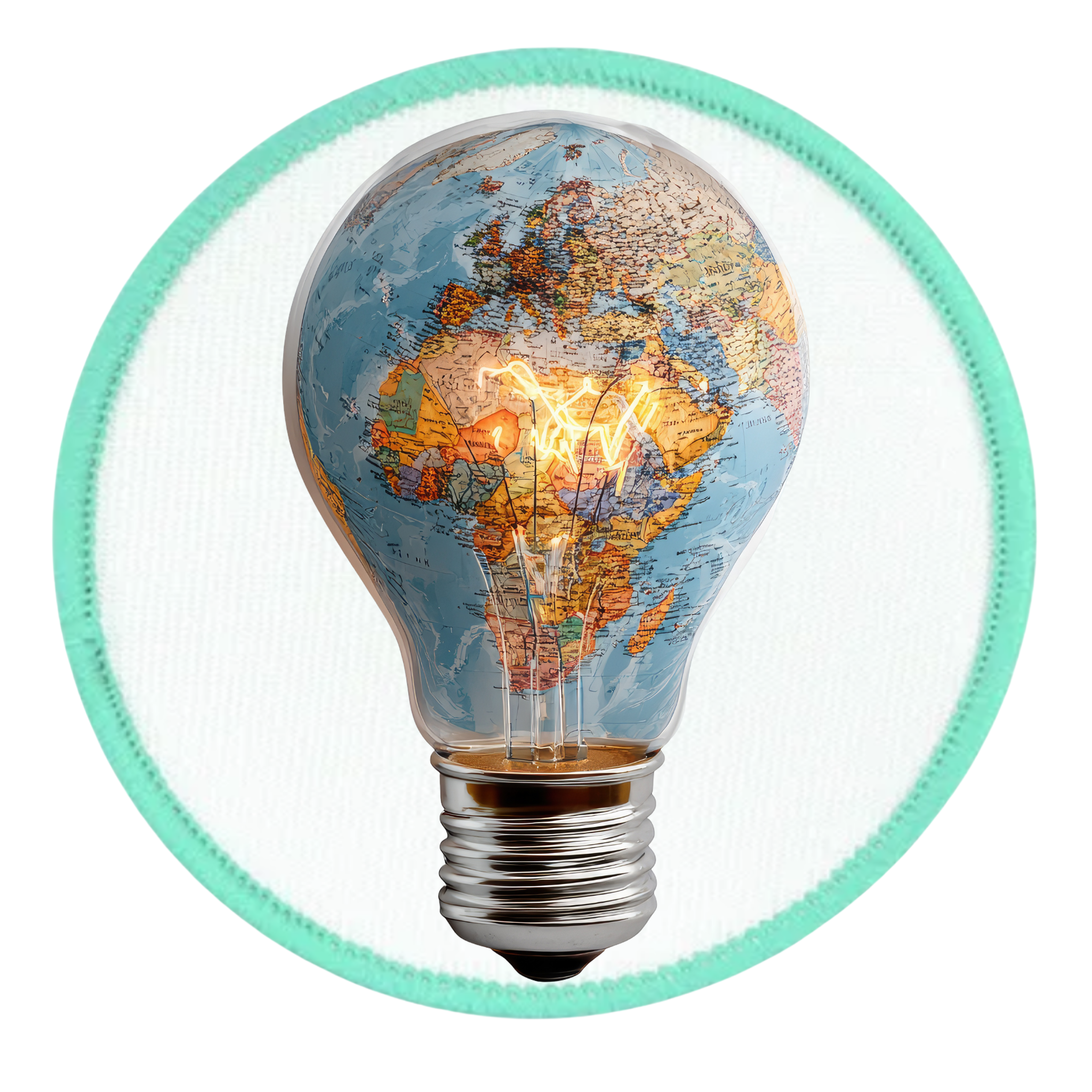 Virtual Creativity Badge Light bulb with world map design on a white background
