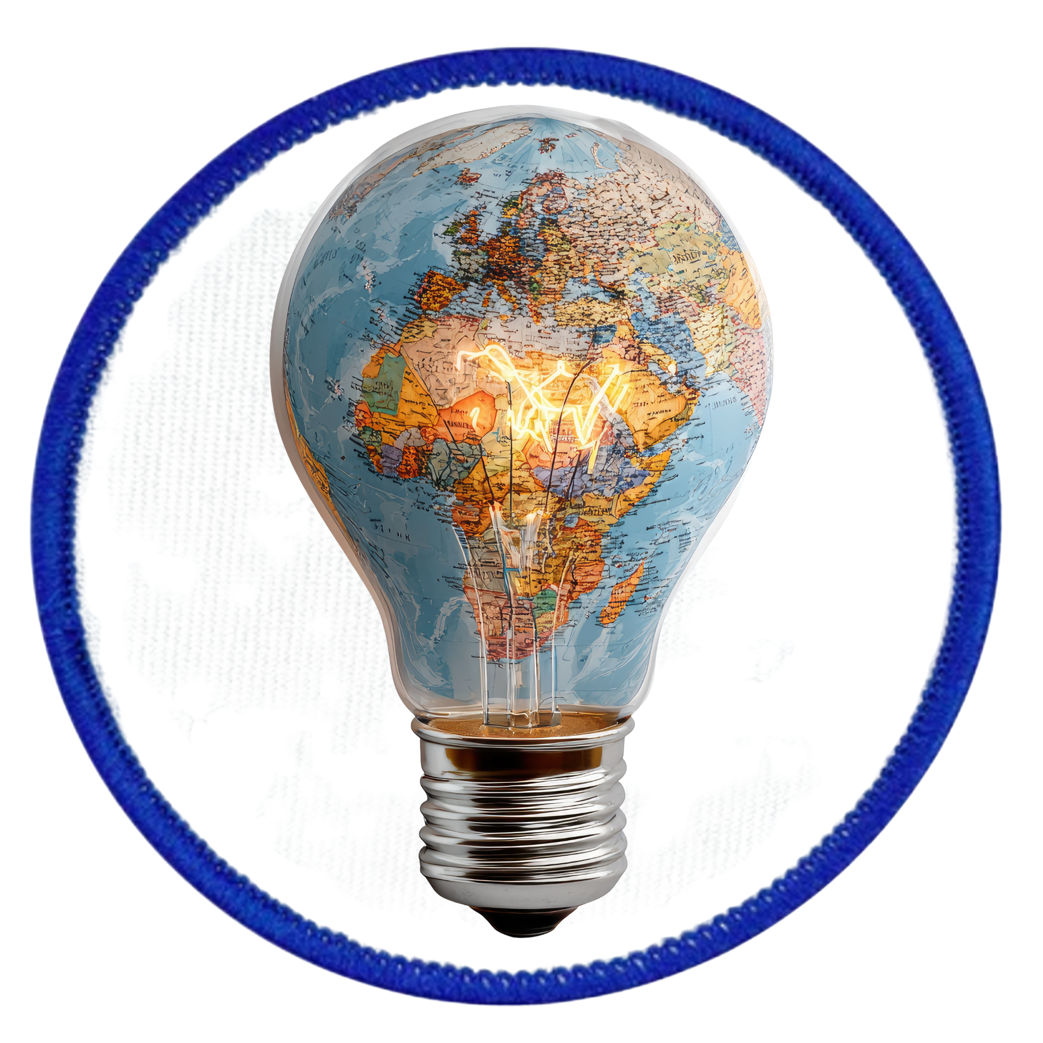 Virtual Creativity Badge Light bulb with world map design on a white background