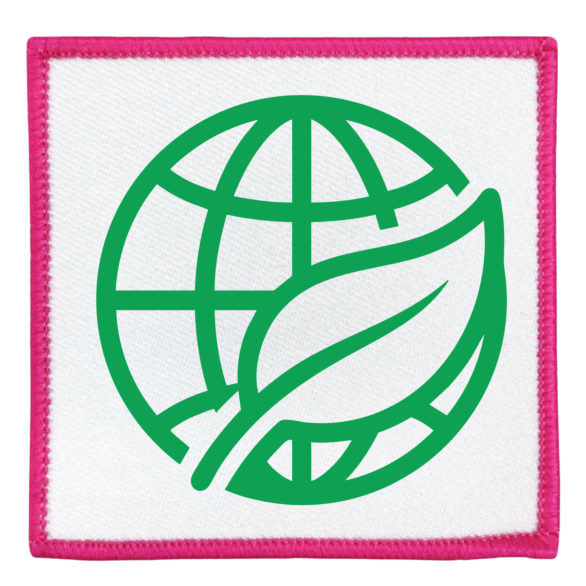 Environmental Steward Badge Green globe and leaf symbol on a white background with teal border
