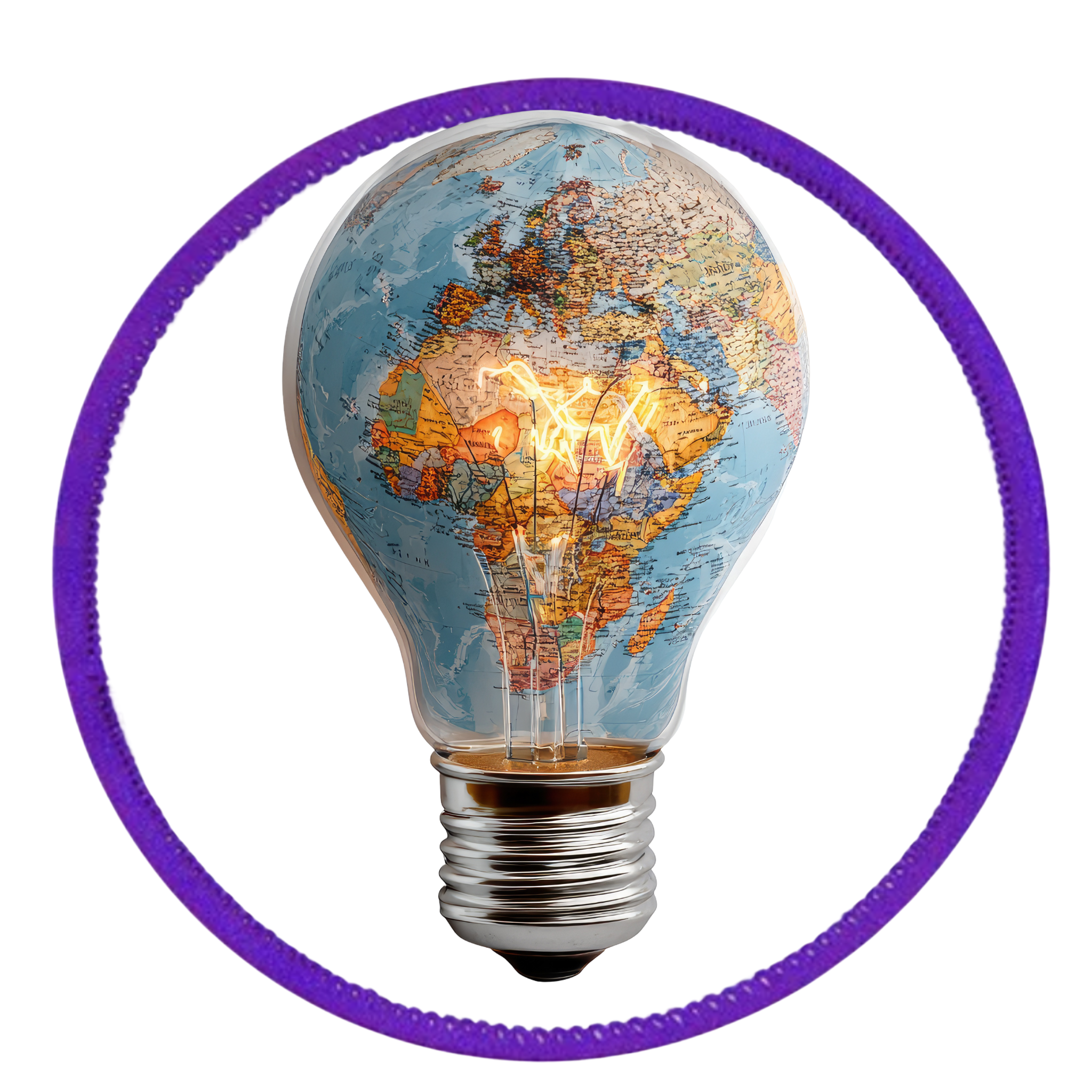 Virtual Creativity Badge Light bulb with world map design on a white background