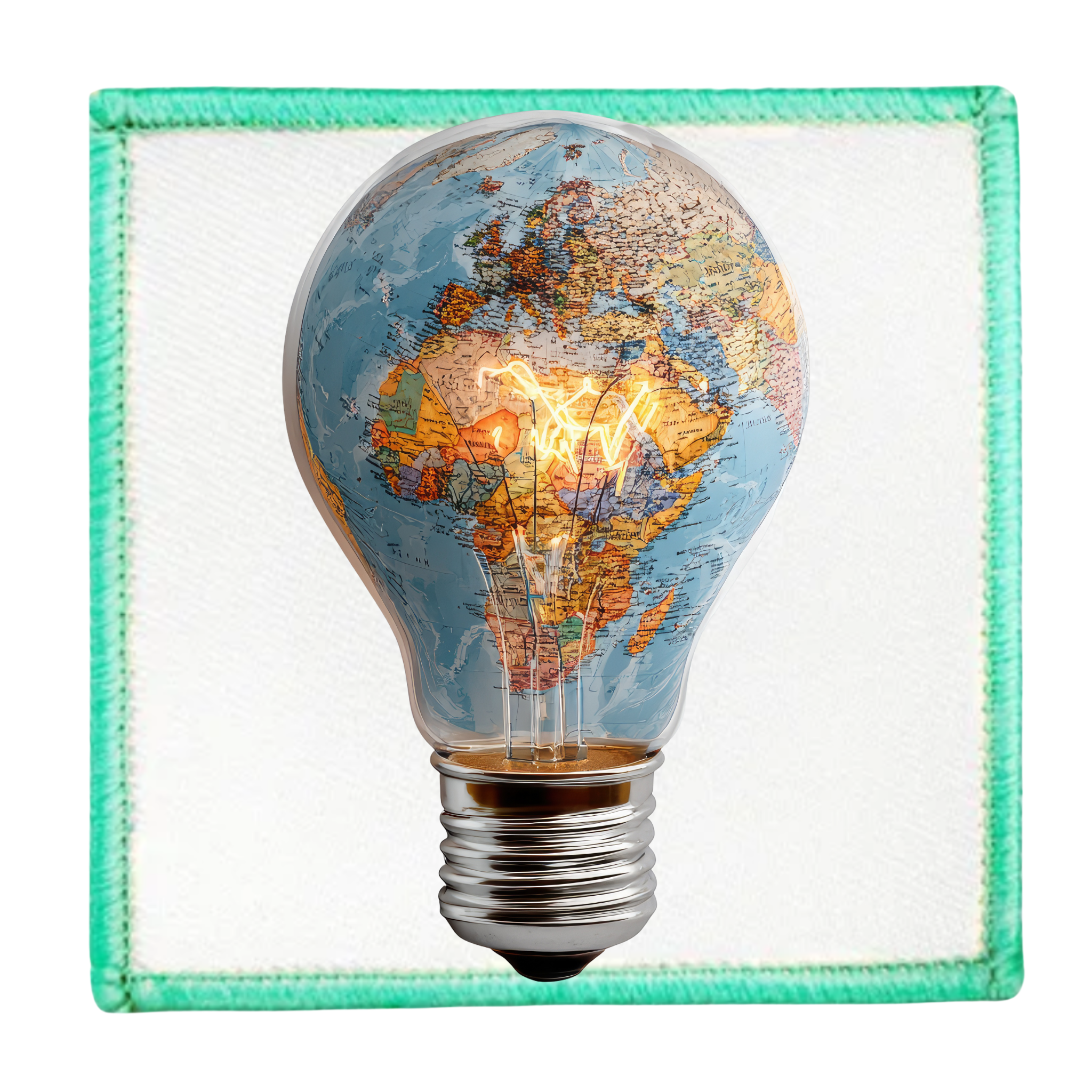 Virtual Creativity Badge Light bulb with world map design on a white background
