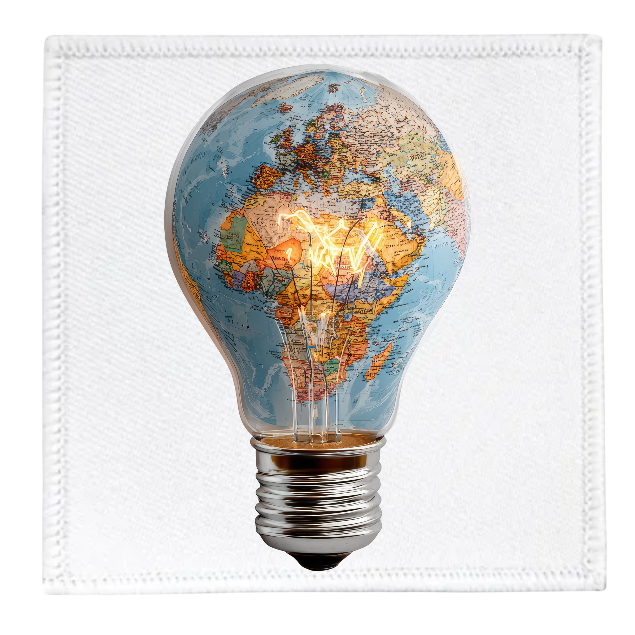 Virtual Creativity Badge Light bulb with world map design on a white background