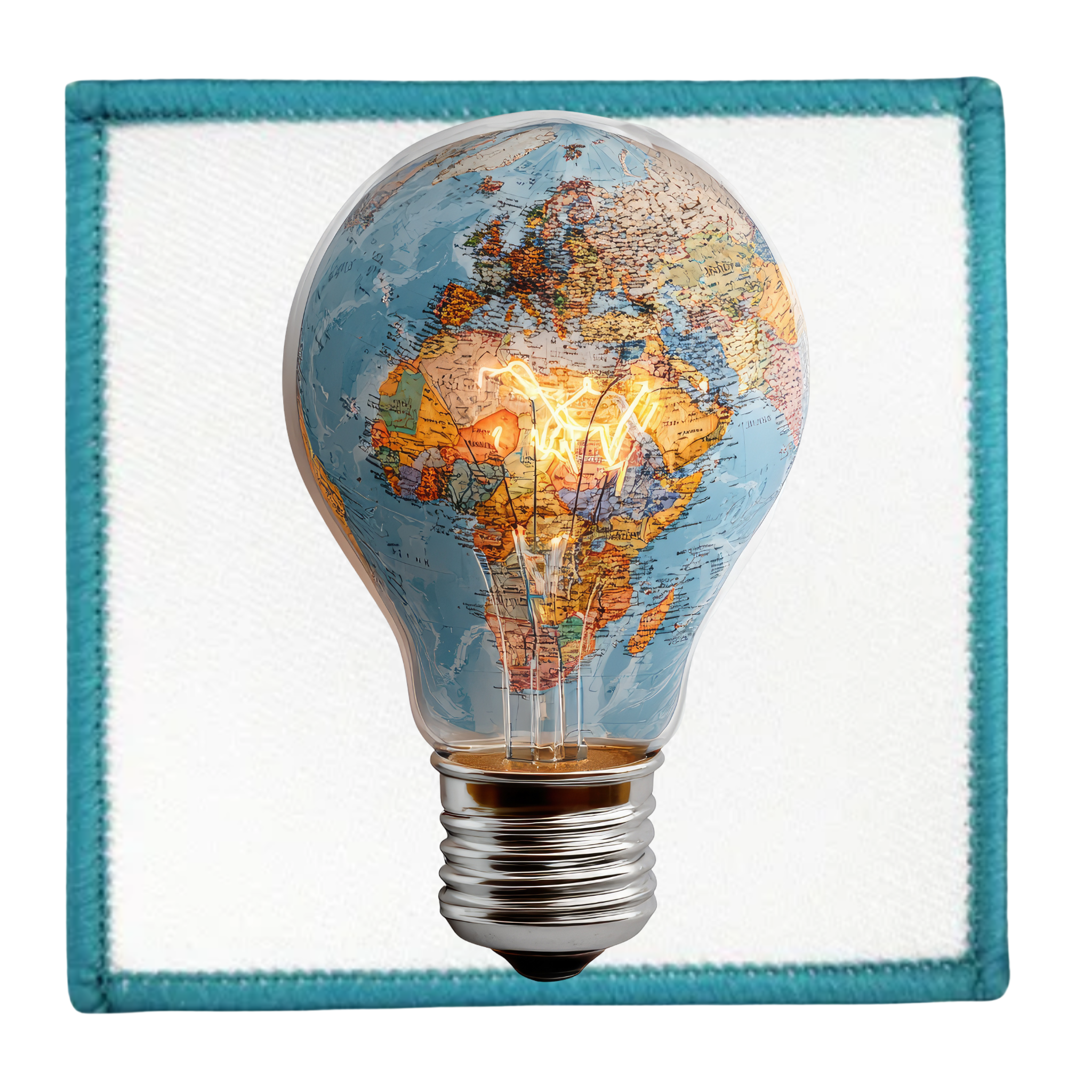 Virtual Creativity Badge Light bulb with world map design on a white background