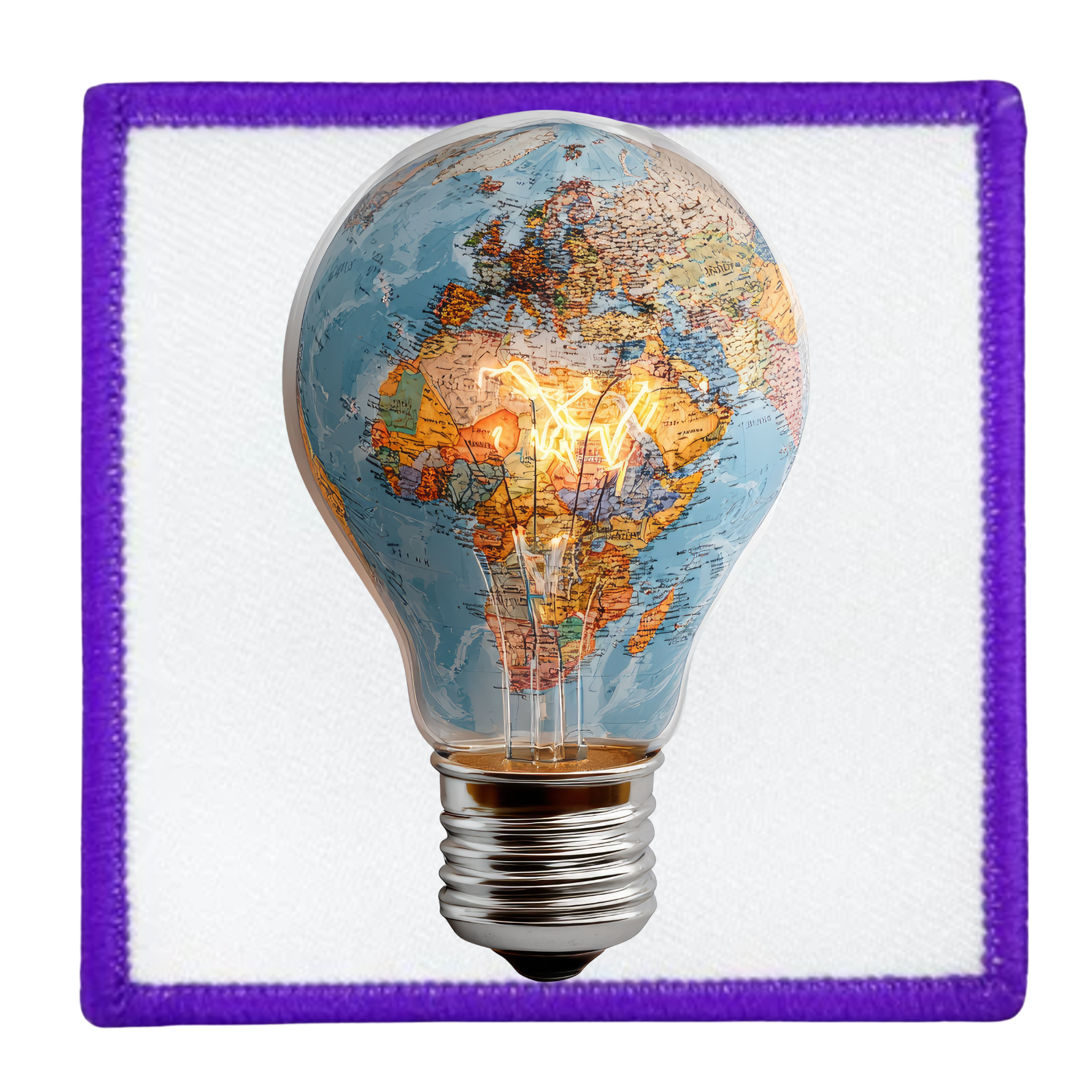 Virtual Creativity Badge Light bulb with world map design on a white background