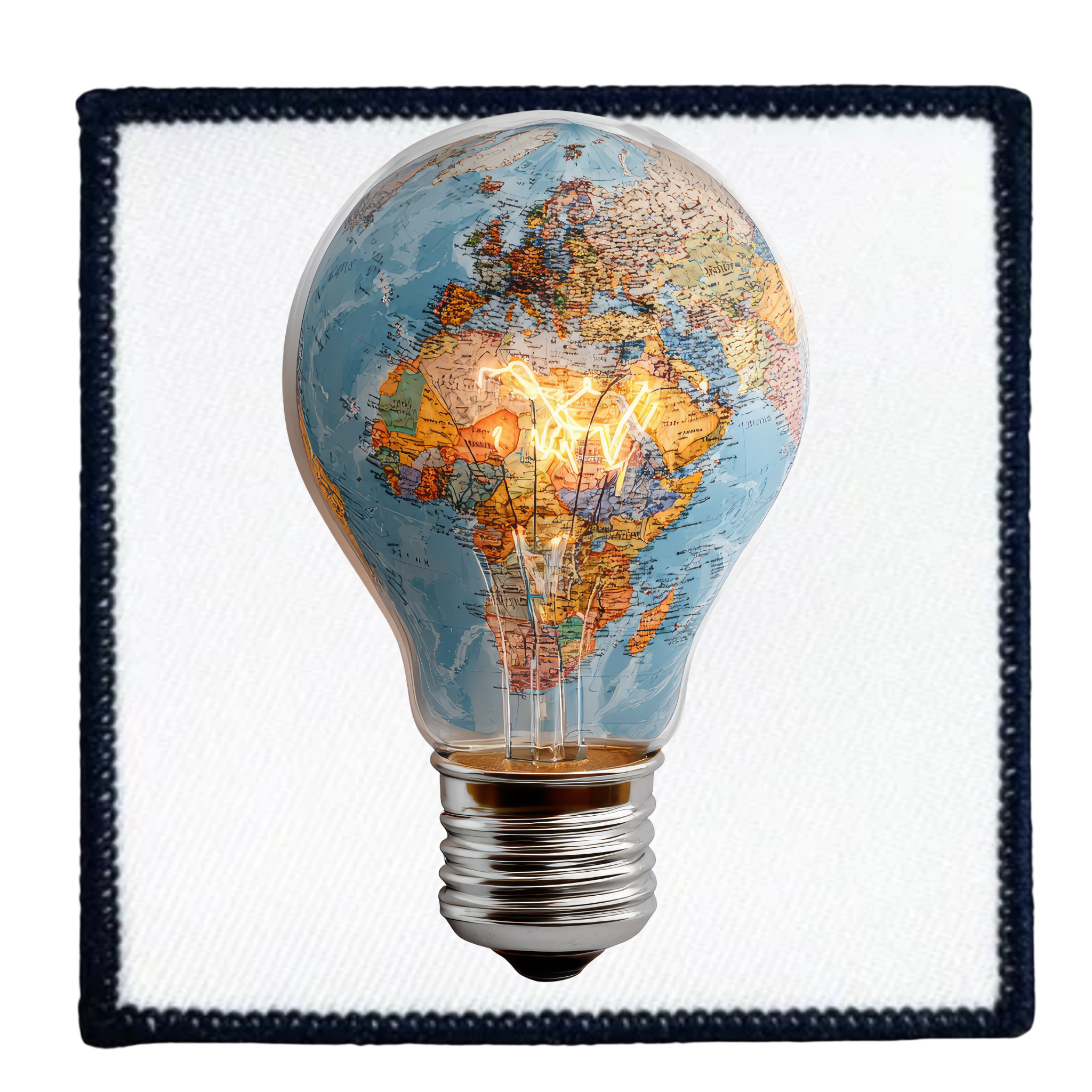 Virtual Creativity Badge Light bulb with world map design on a white background