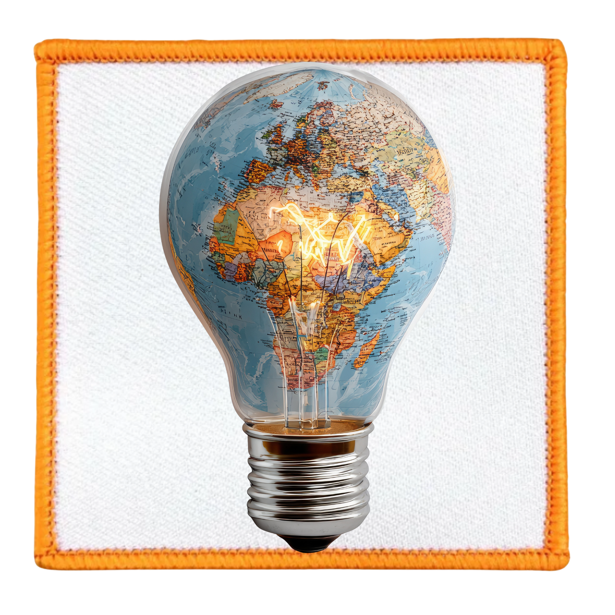 Virtual Creativity Badge Light bulb with world map design on a white background