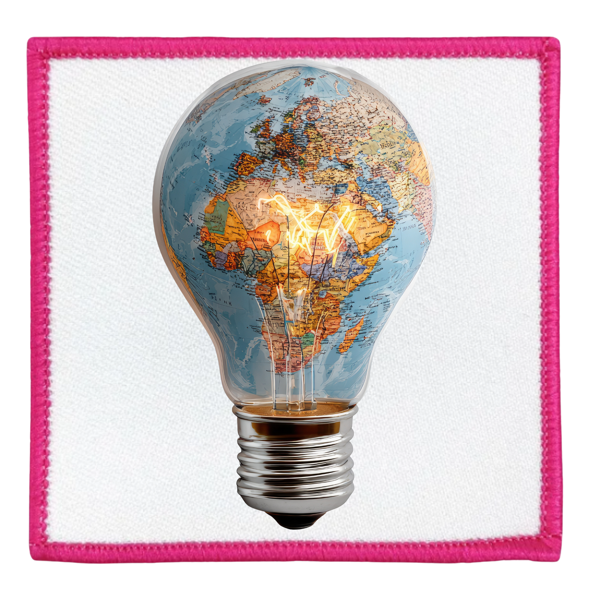 Virtual Creativity Badge Light bulb with world map design on a white background