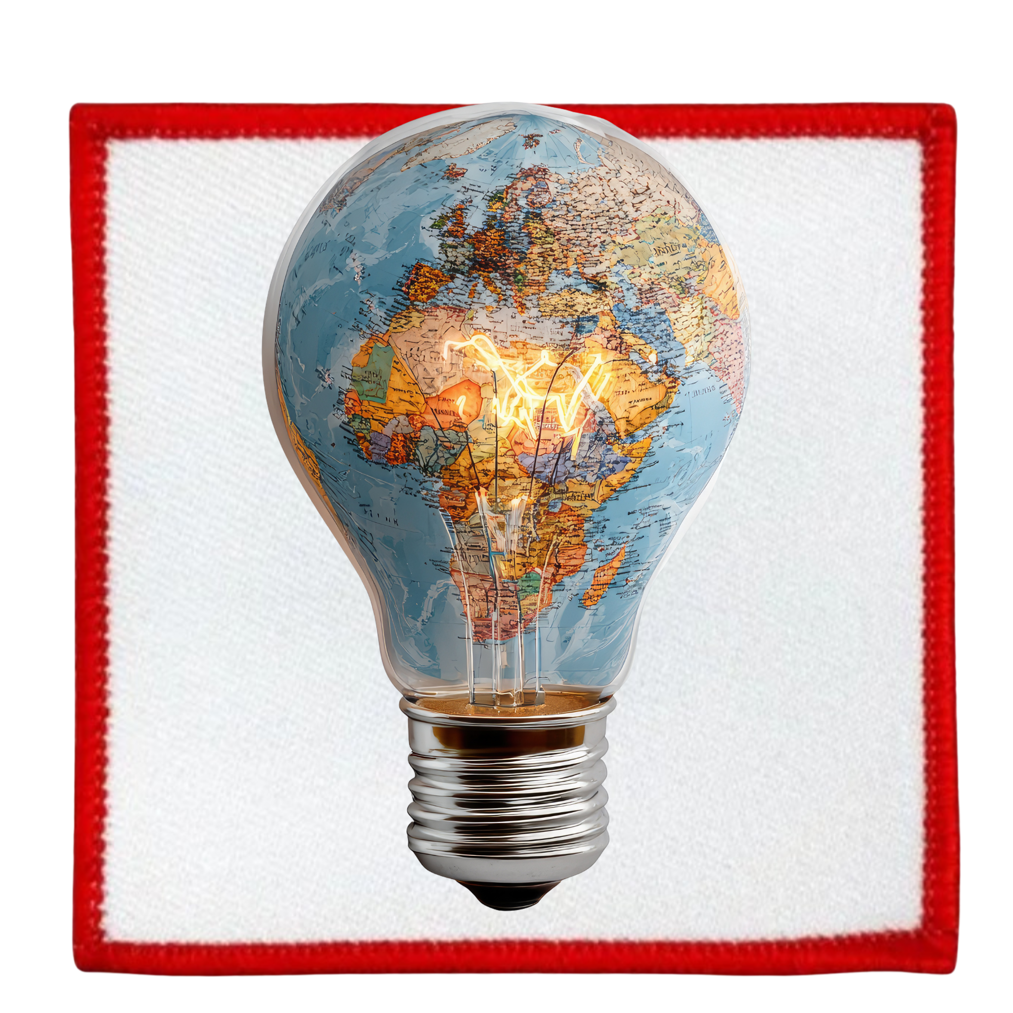 Virtual Creativity Badge Light bulb with world map design on a white background