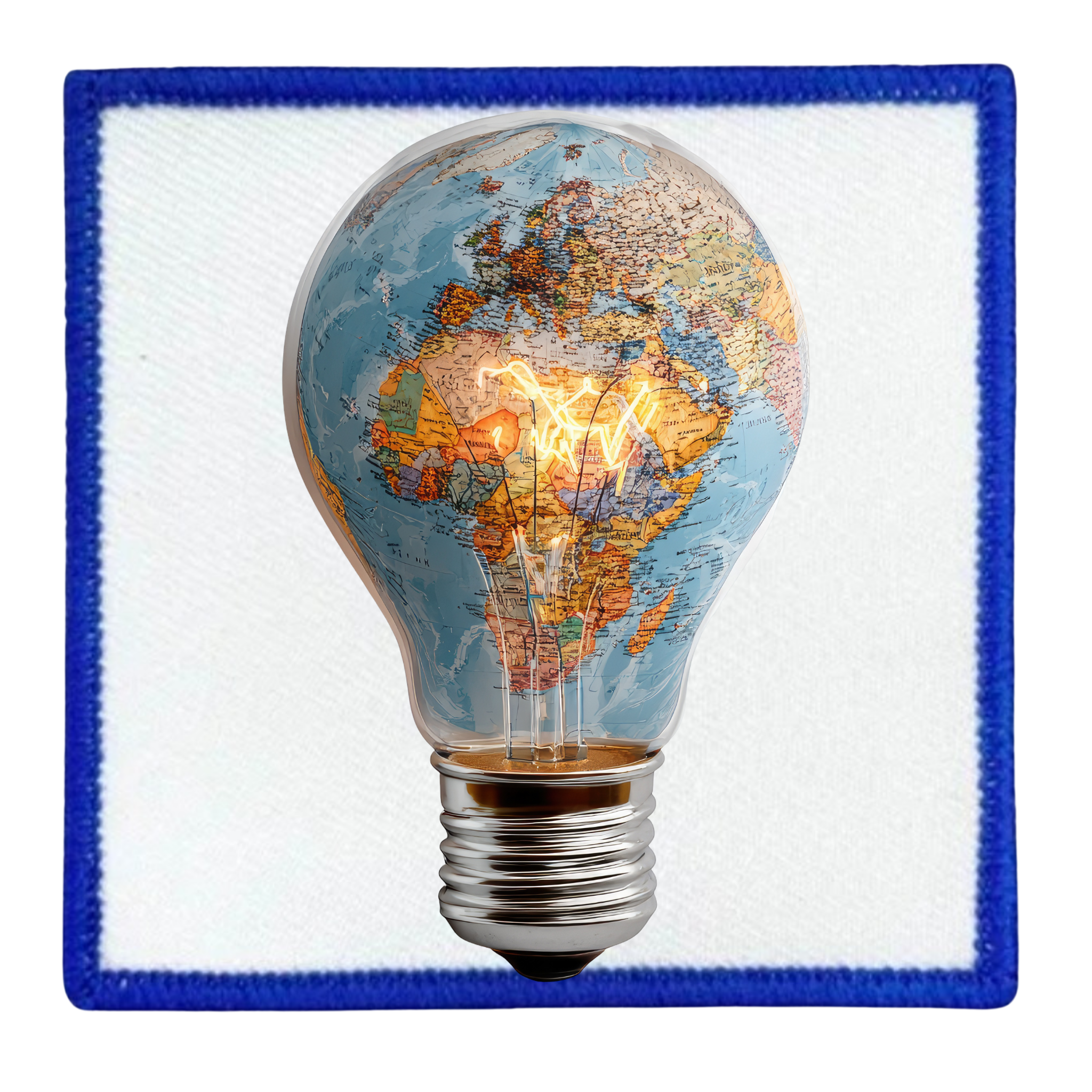 Virtual Creativity Badge Light bulb with world map design on a white background