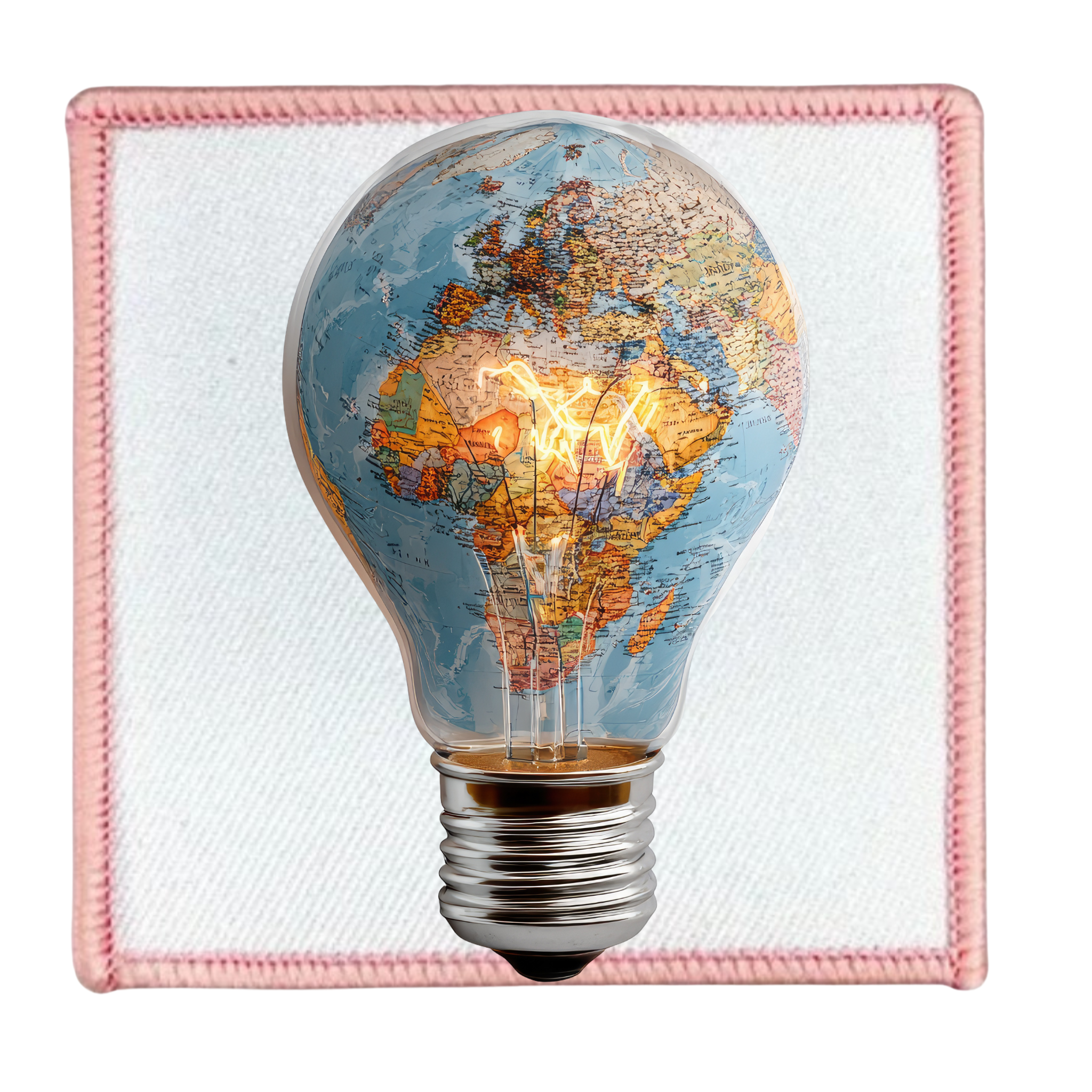 Virtual Creativity Badge Light bulb with world map design on a white background