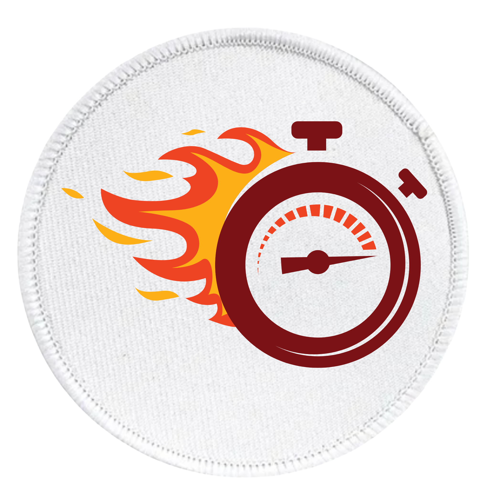 One Week Challenge Badge Circular patch with a stopwatch and flames design on a white background