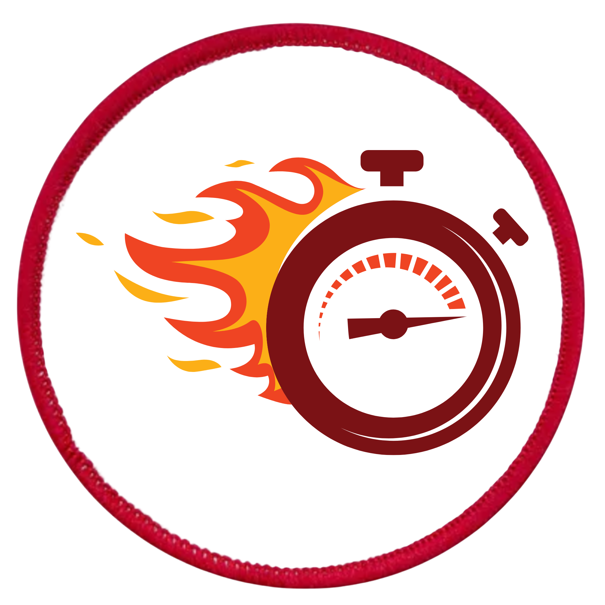 One Week Challenge Badge Circular patch with a stopwatch and flames design on a white background