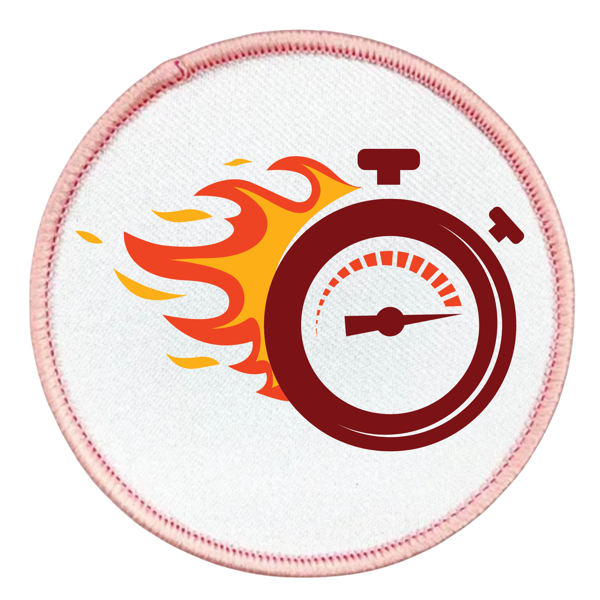 One Week Challenge Badge Circular patch with a stopwatch and flames design on a white background