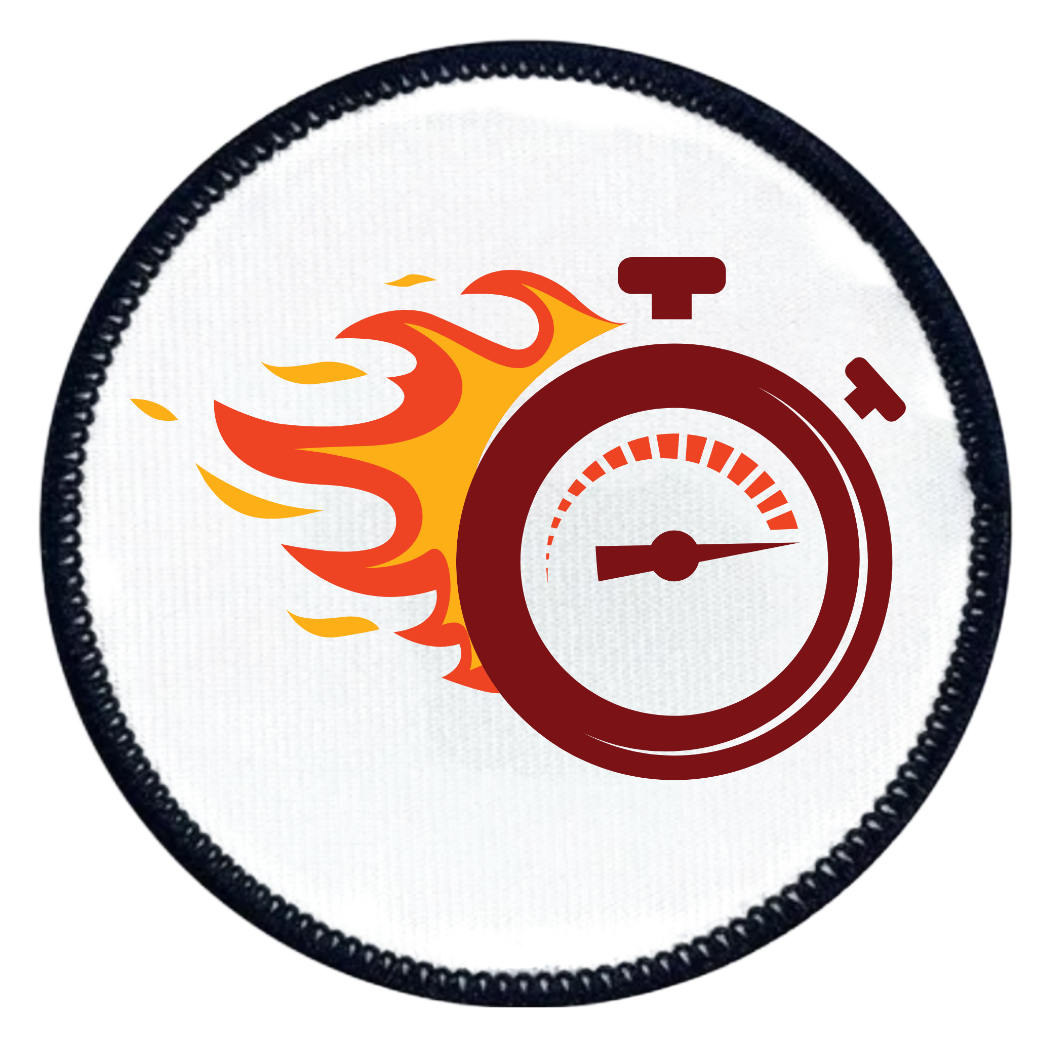One Week Challenge Badge Circular patch with a stopwatch and flames design on a white background