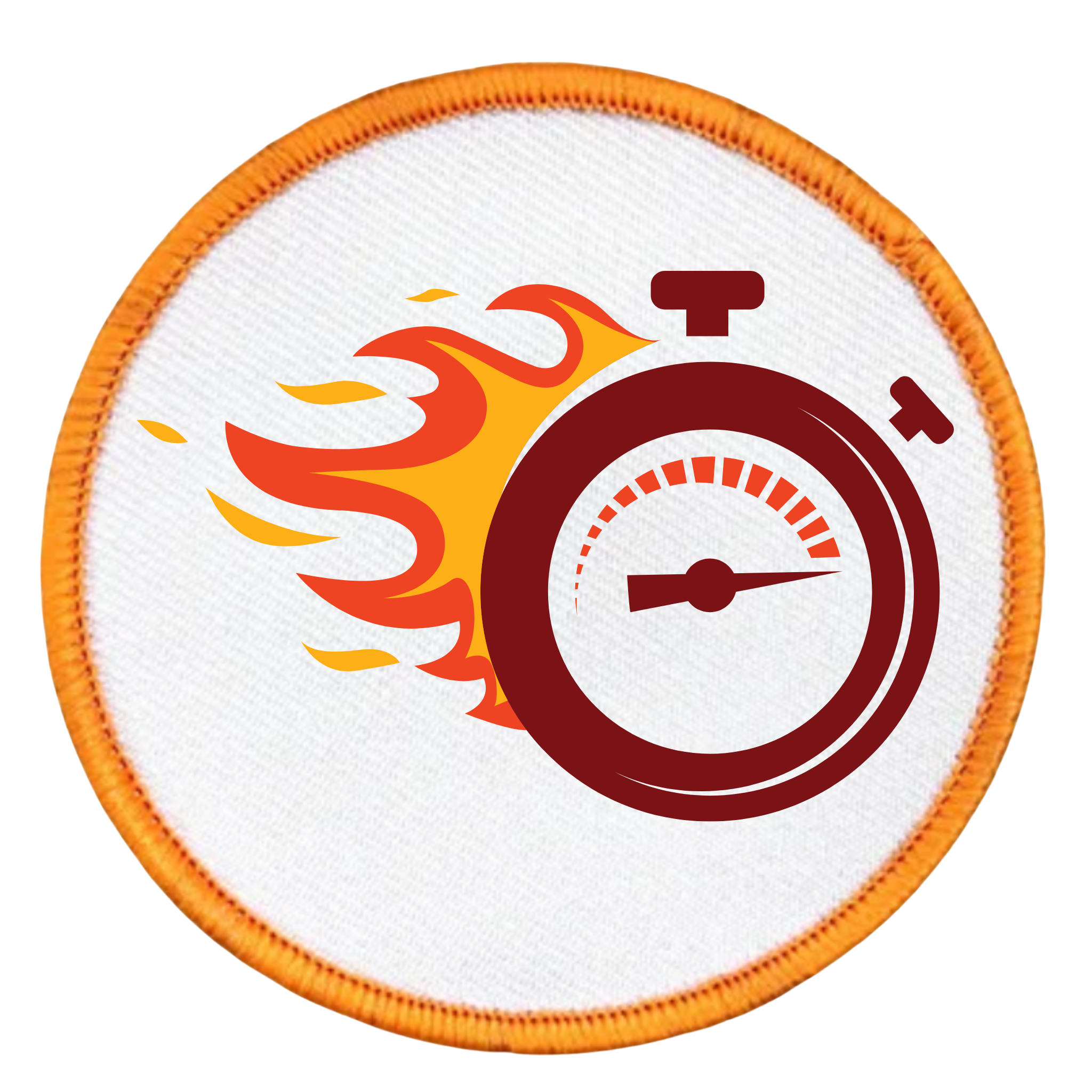 One Week Challenge Badge Circular patch with a stopwatch and flames design on a white background