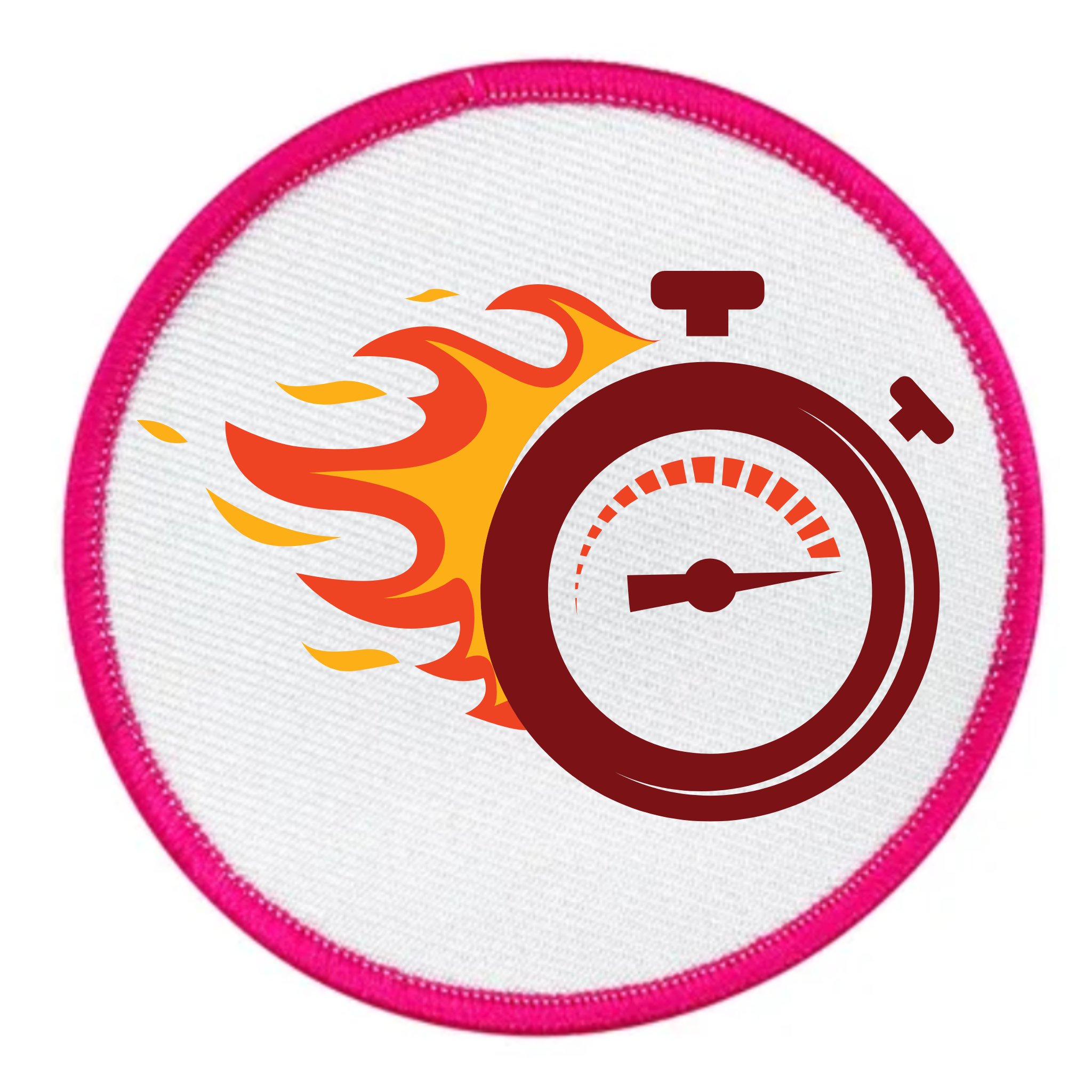One Week Challenge Badge Circular patch with a stopwatch and flames design on a white background
