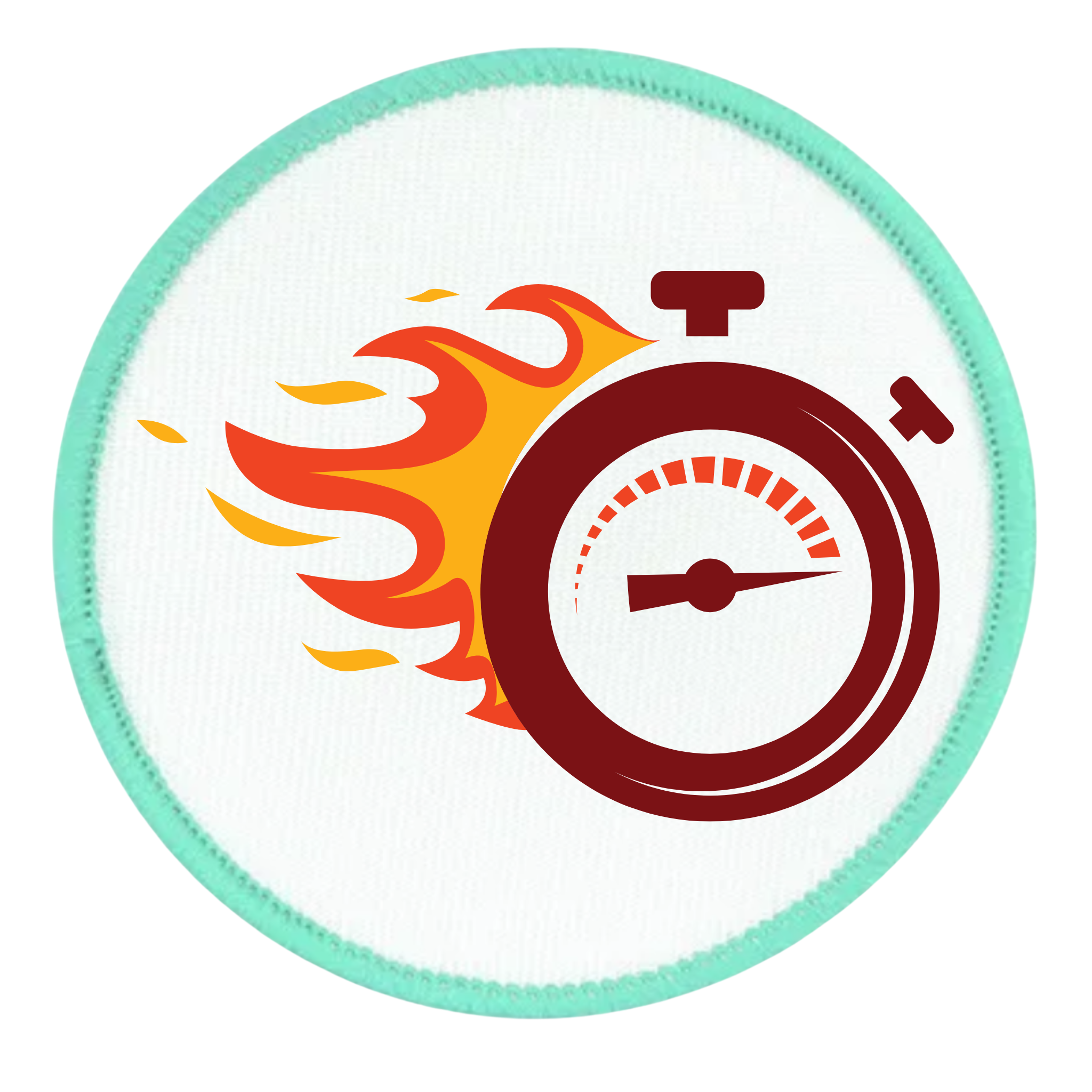 One Week Challenge Badge Circular patch with a stopwatch and flames design on a white background