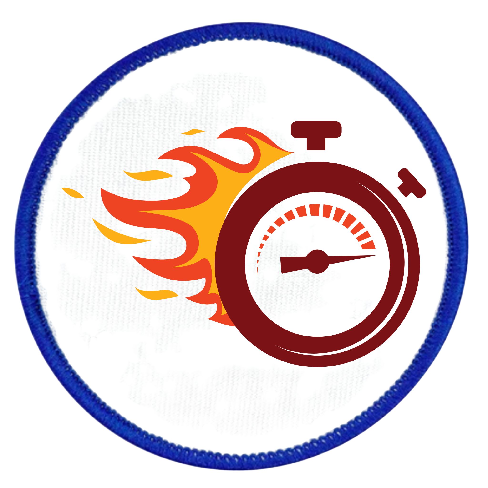 One Week Challenge Badge Circular patch with a stopwatch and flames design on a white background