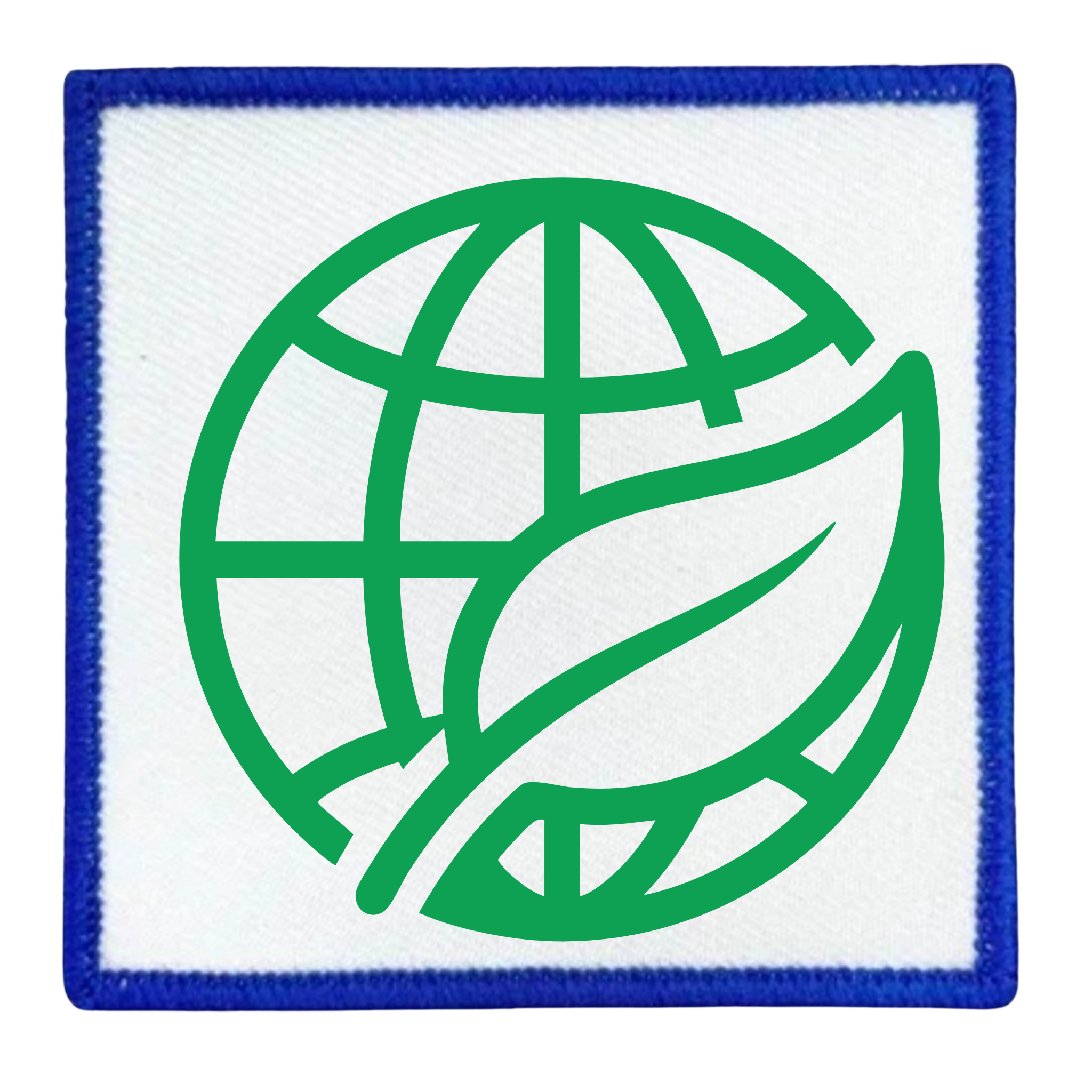 Environmental Steward Badge Green globe and leaf symbol on a white background with teal border