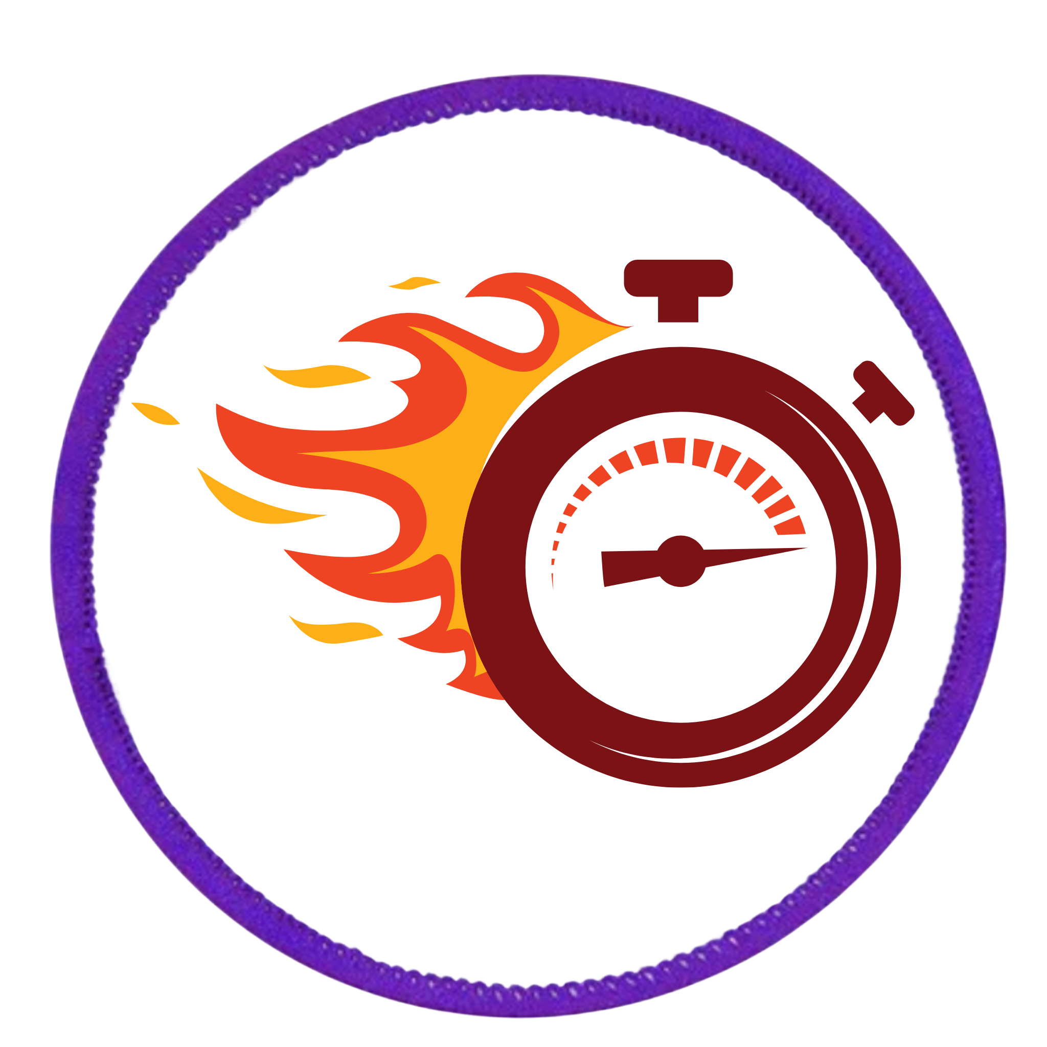One Week Challenge Badge Circular patch with a stopwatch and flames design on a white background