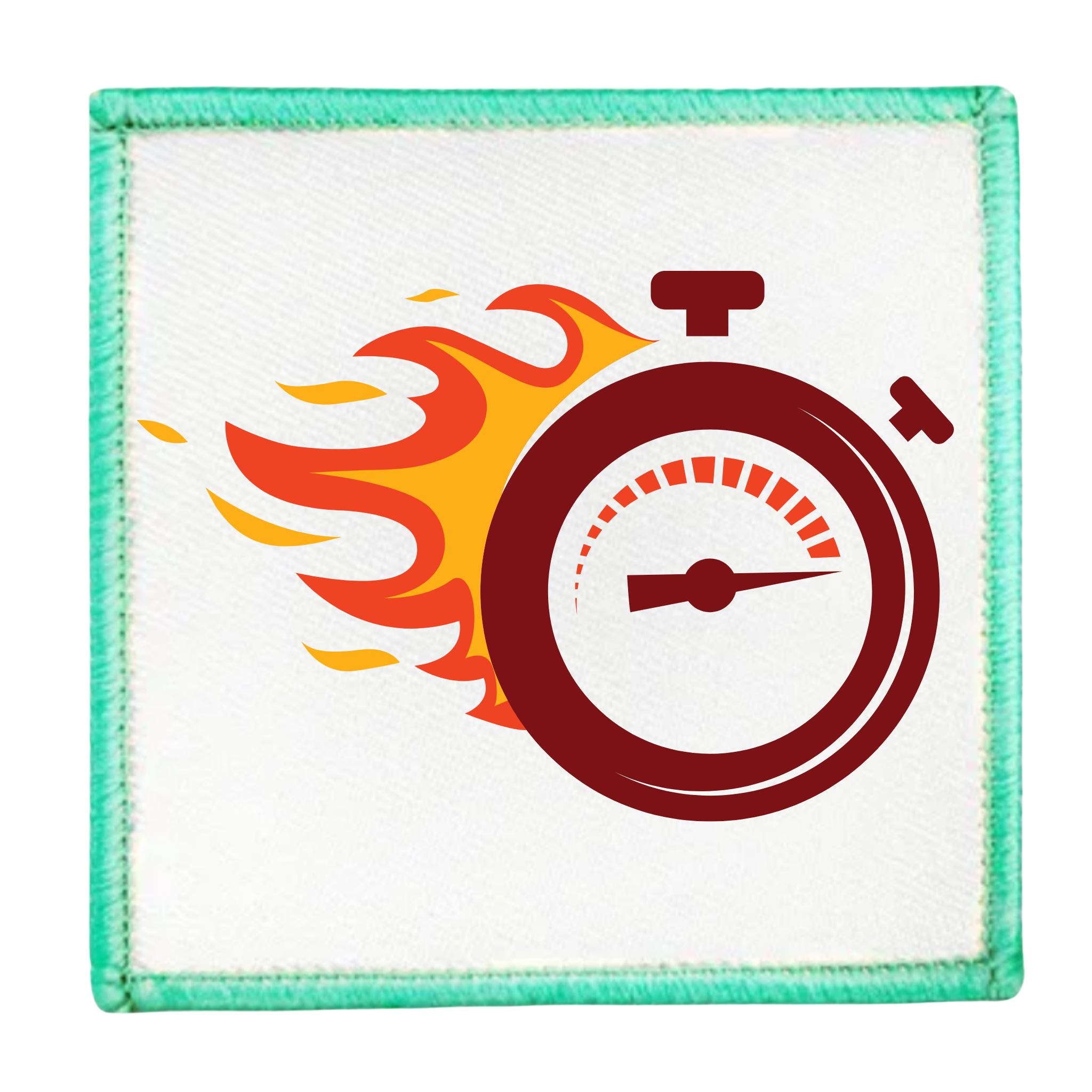 One Week Challenge Badge Circular patch with a stopwatch and flames design on a white background