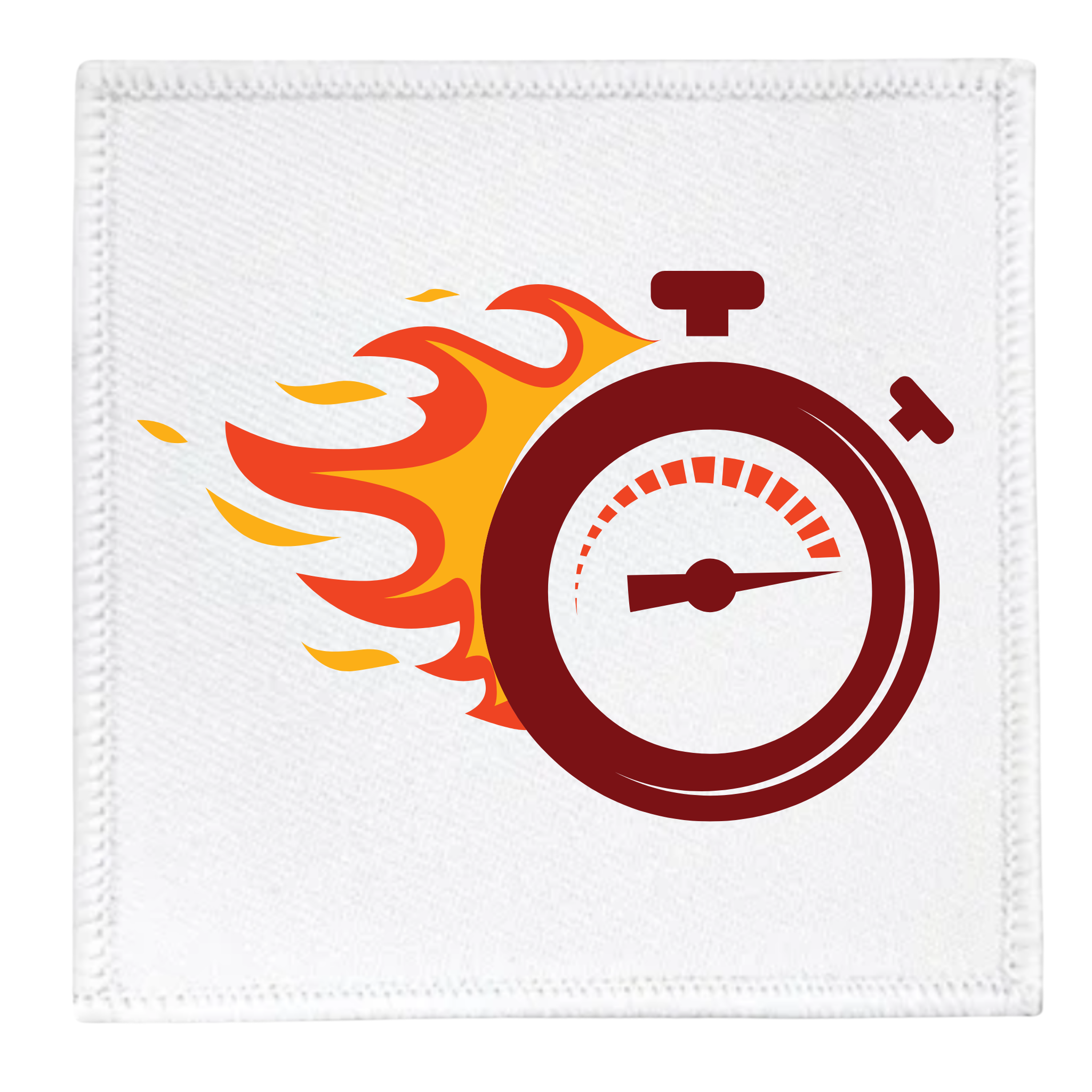 One Week Challenge Badge Circular patch with a stopwatch and flames design on a white background