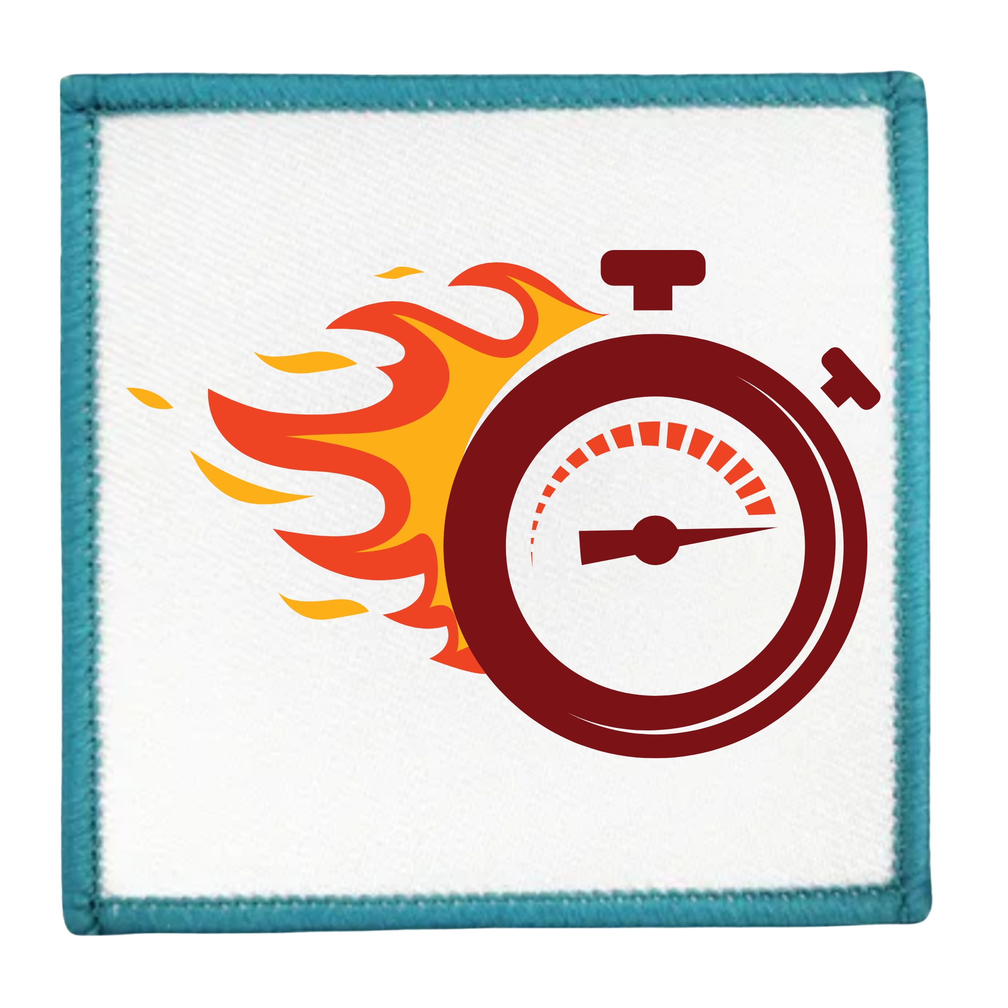 One Week Challenge Badge Circular patch with a stopwatch and flames design on a white background