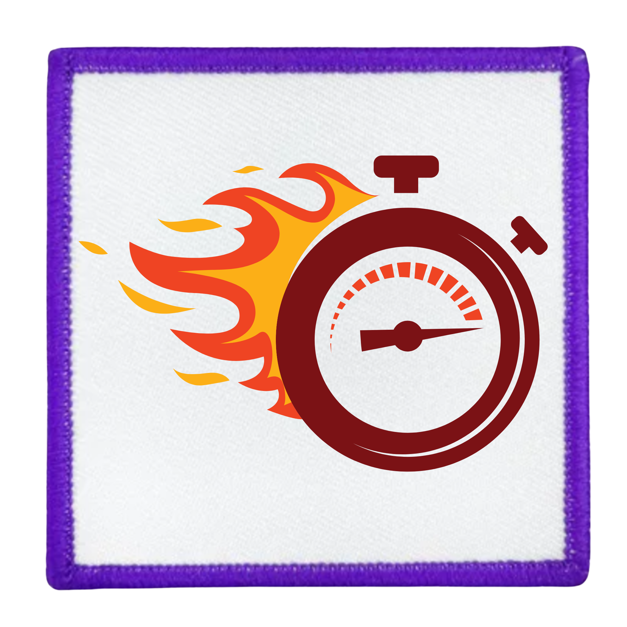 One Week Challenge Badge Circular patch with a stopwatch and flames design on a white background
