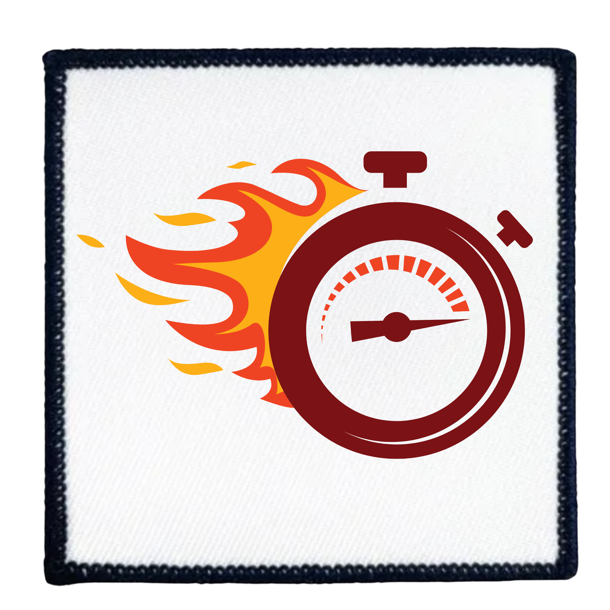 One Week Challenge Badge Circular patch with a stopwatch and flames design on a white background