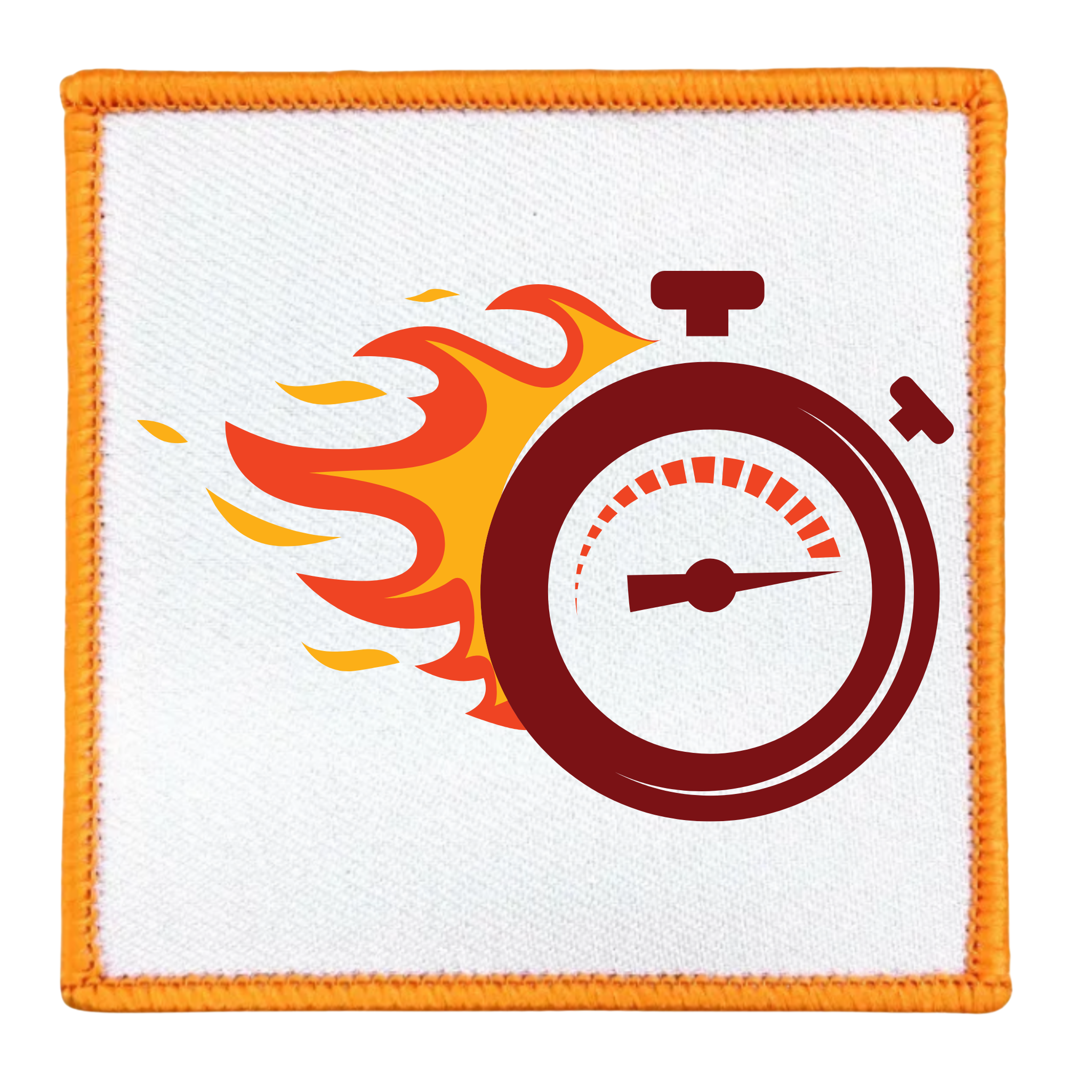 One Week Challenge Badge Circular patch with a stopwatch and flames design on a white background