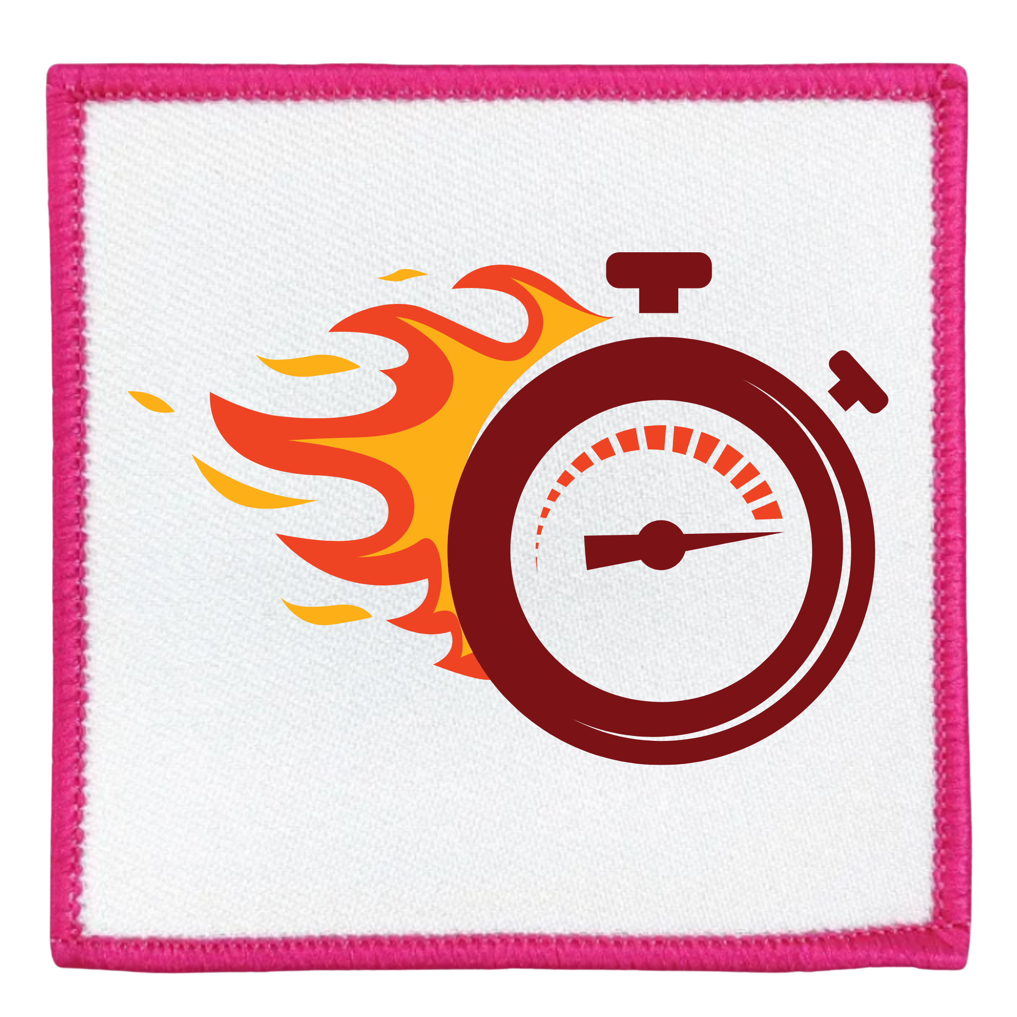 One Week Challenge Badge Circular patch with a stopwatch and flames design on a white background