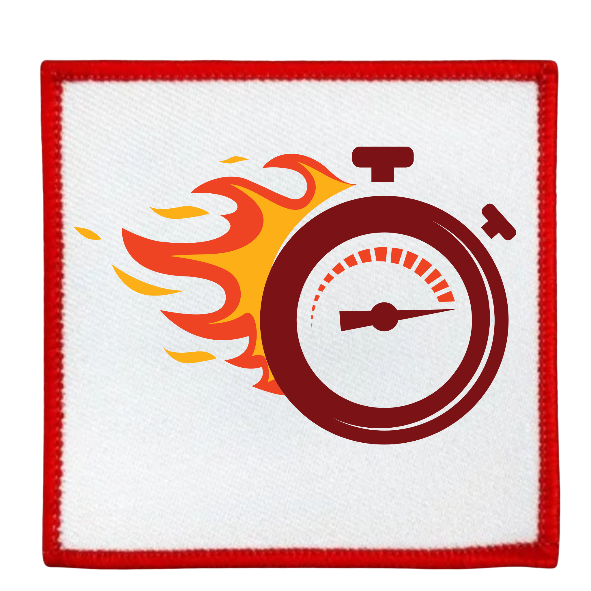 One Week Challenge Badge Circular patch with a stopwatch and flames design on a white background