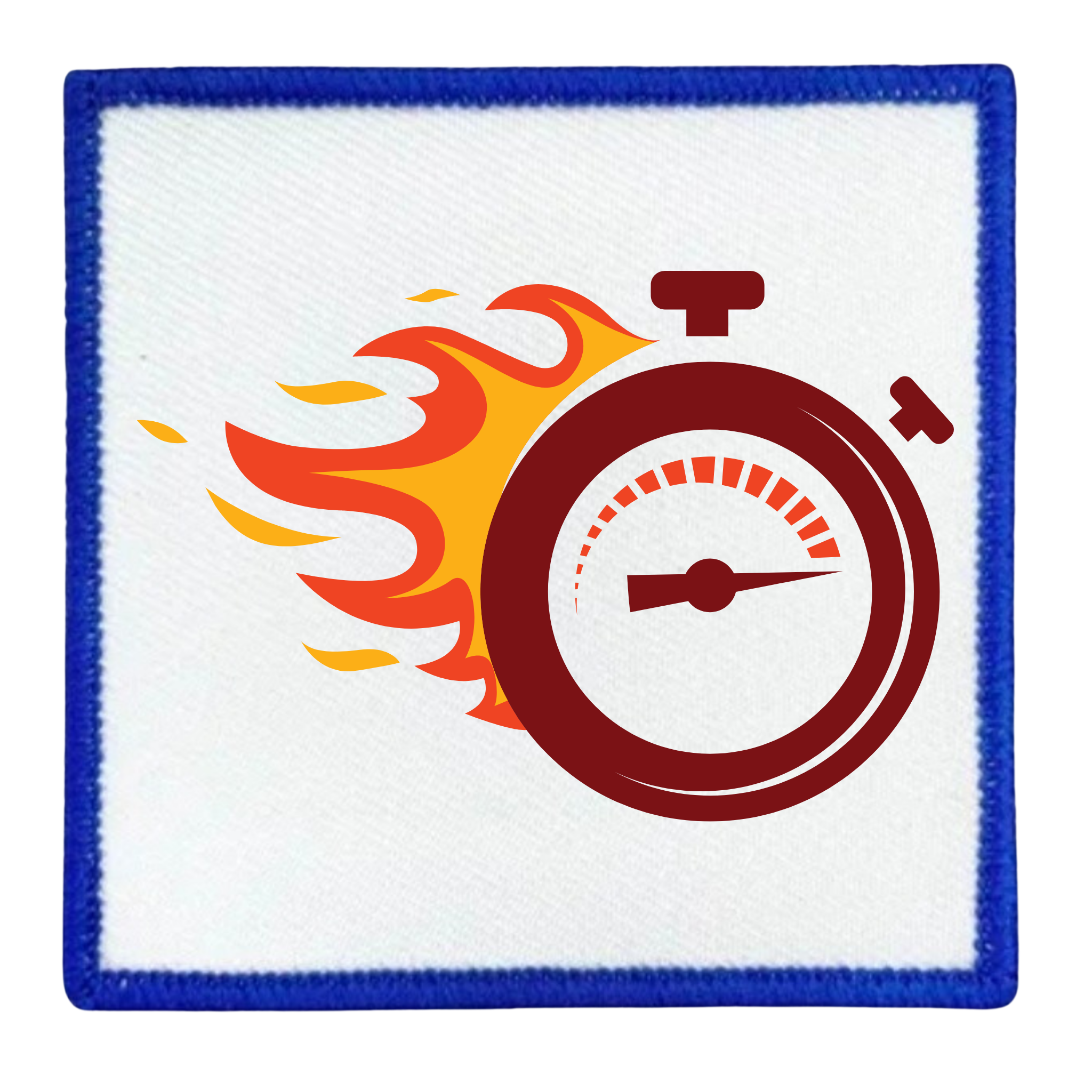 One Week Challenge Badge Circular patch with a stopwatch and flames design on a white background