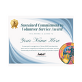 A customizable volunteer service award certificate template featuring a white background with blue and light blue wavy borders, a gold '3 Years' seal, and a colorful hand illustration on the bottom right.