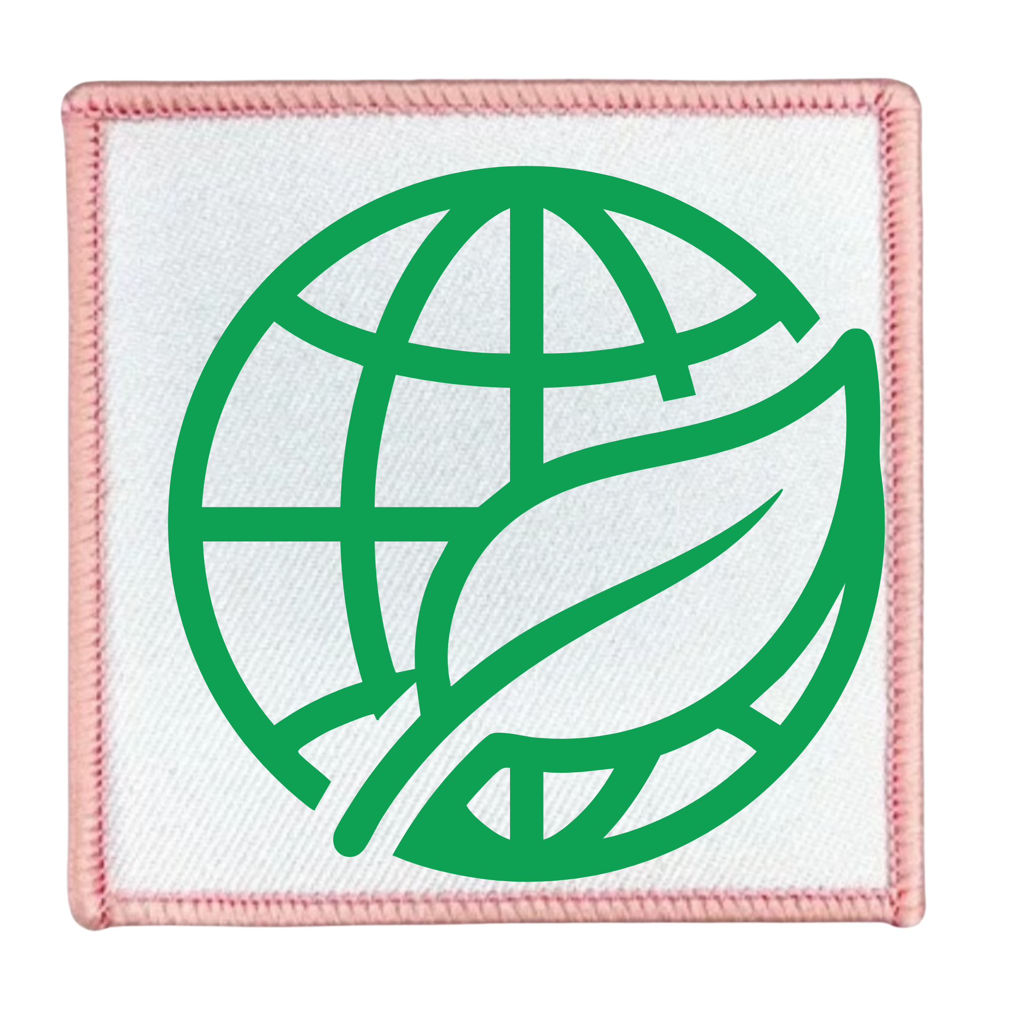 Environmental Steward Badge Green globe and leaf symbol on a white background with teal border
