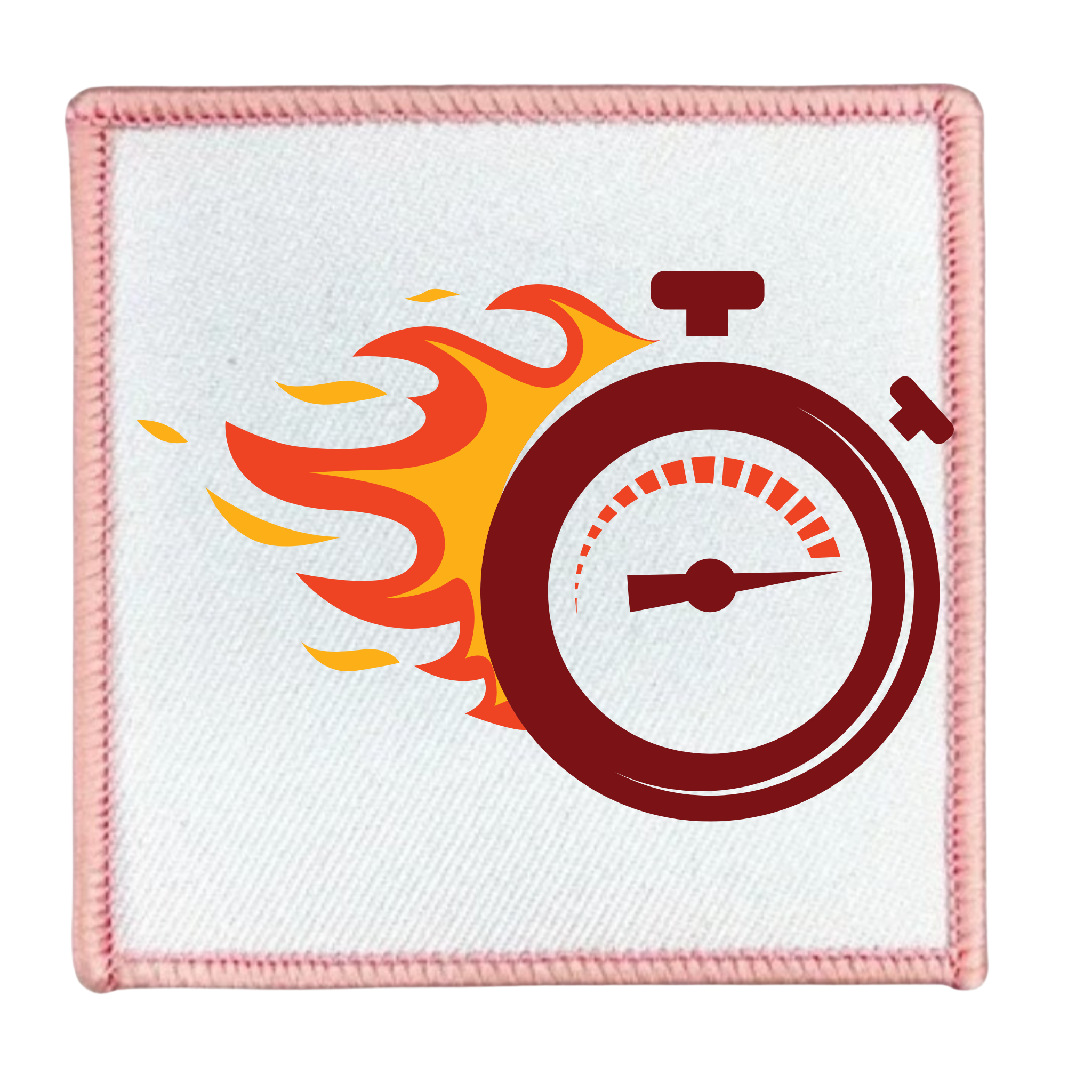 One Week Challenge Badge Circular patch with a stopwatch and flames design on a white background