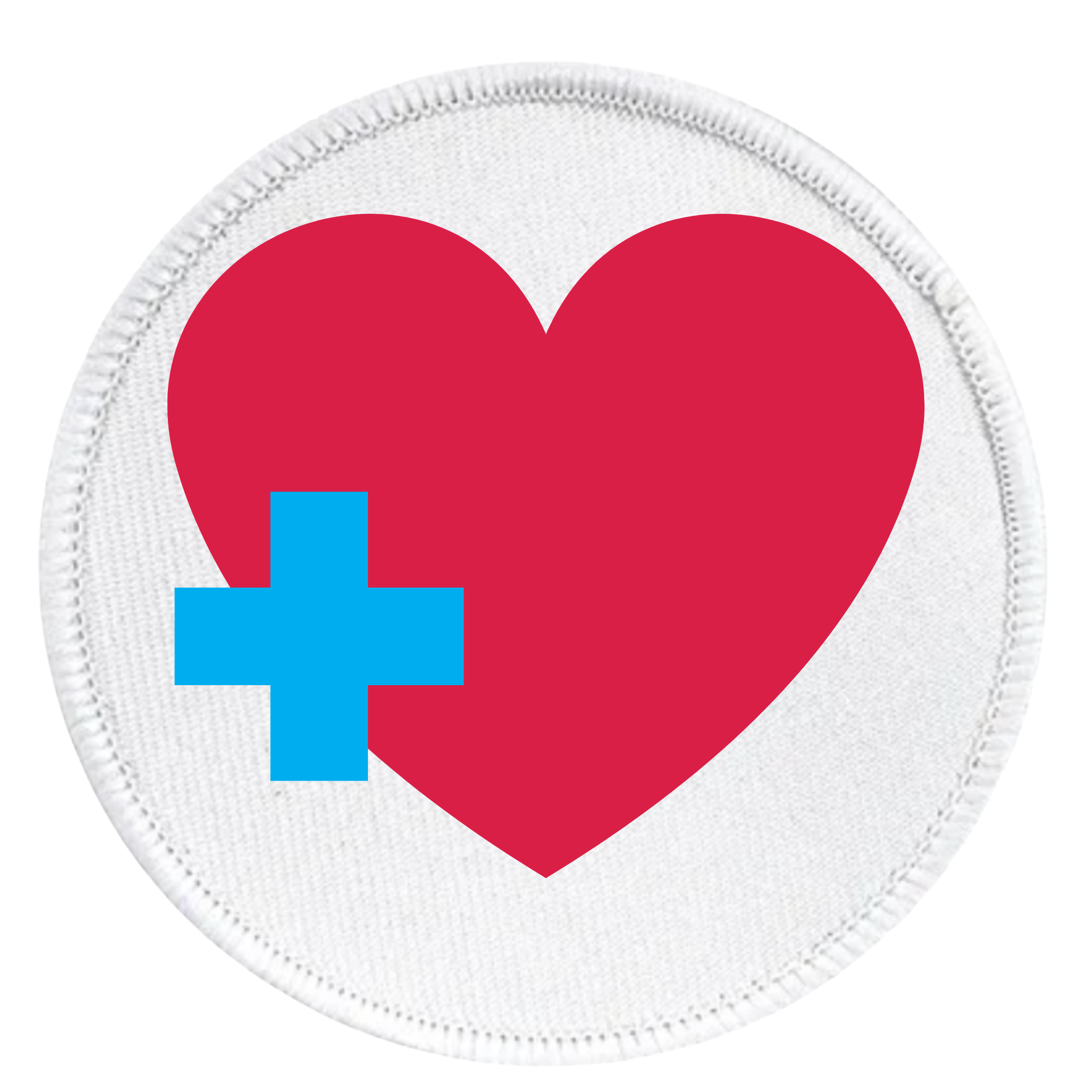 Health Supporter Badge Red heart with a blue cross inside a teal circle on a white background