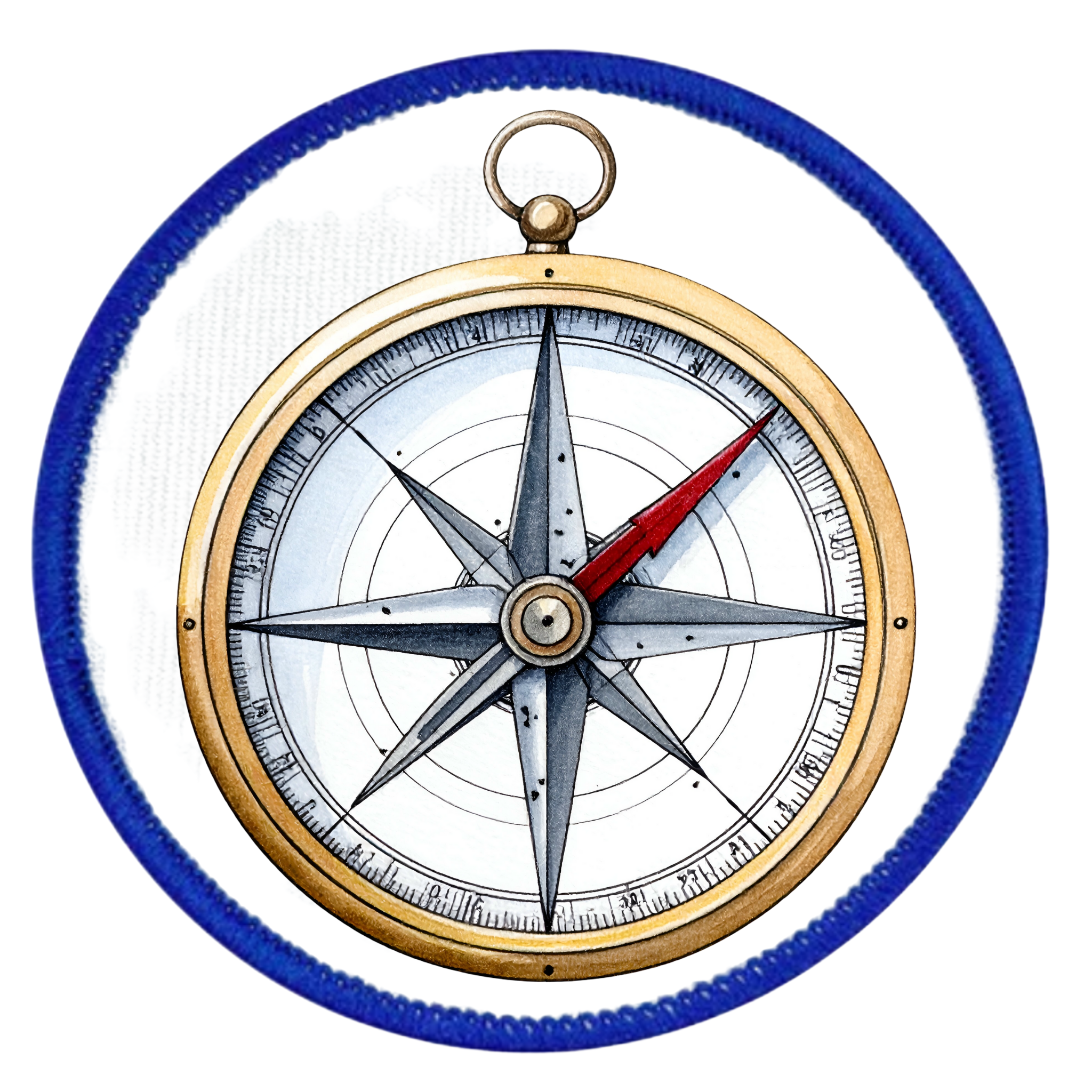 Service Explorer Badge Decorative compass with a blue border on a white background