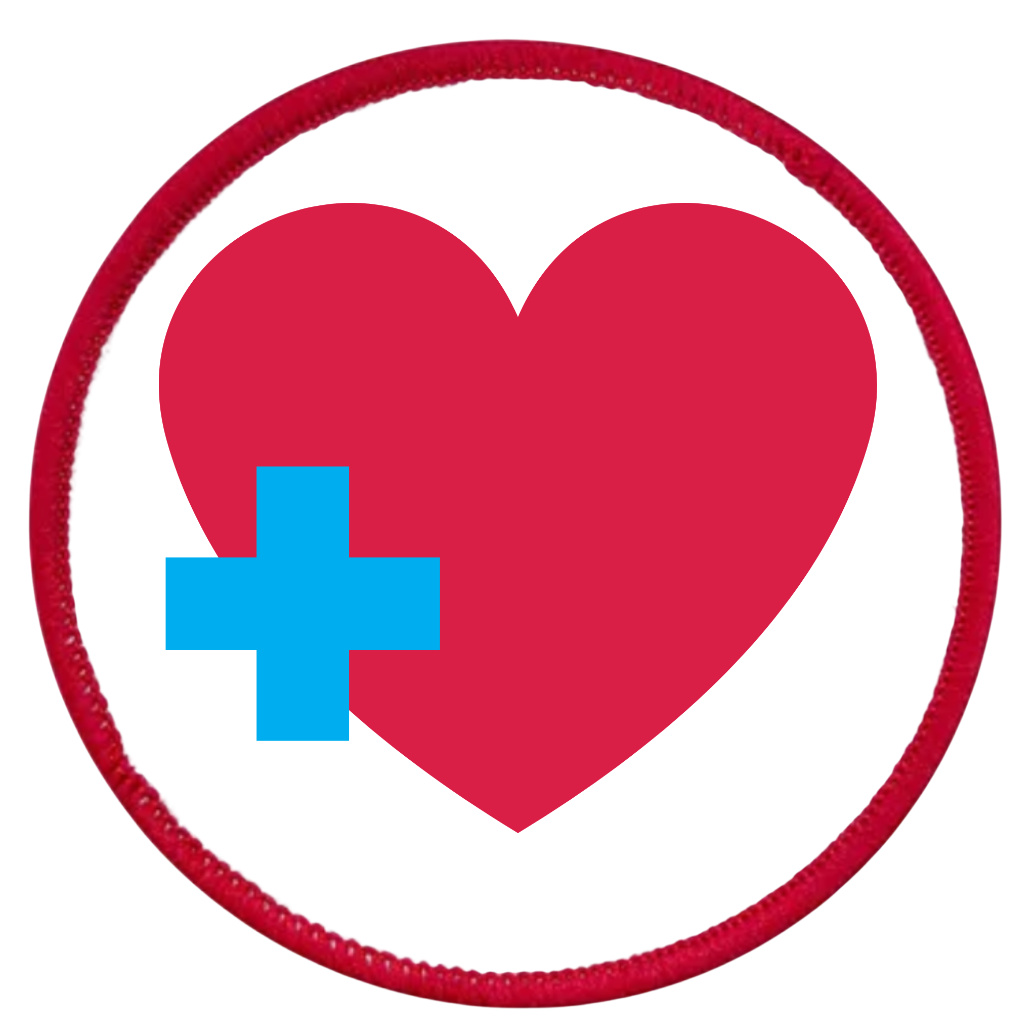 Health Supporter Badge Red heart with a blue cross inside a teal circle on a white background