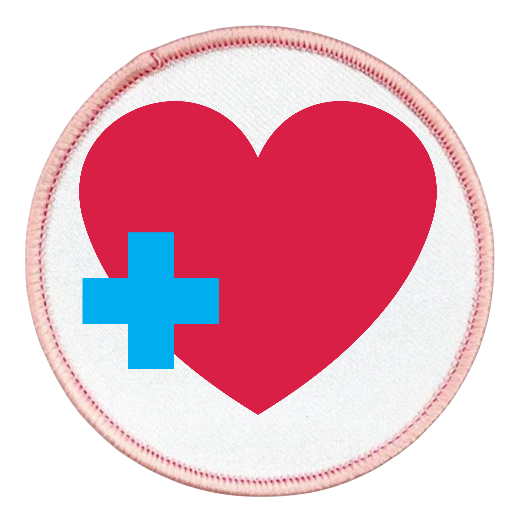 Health Supporter Badge Red heart with a blue cross inside a teal circle on a white background