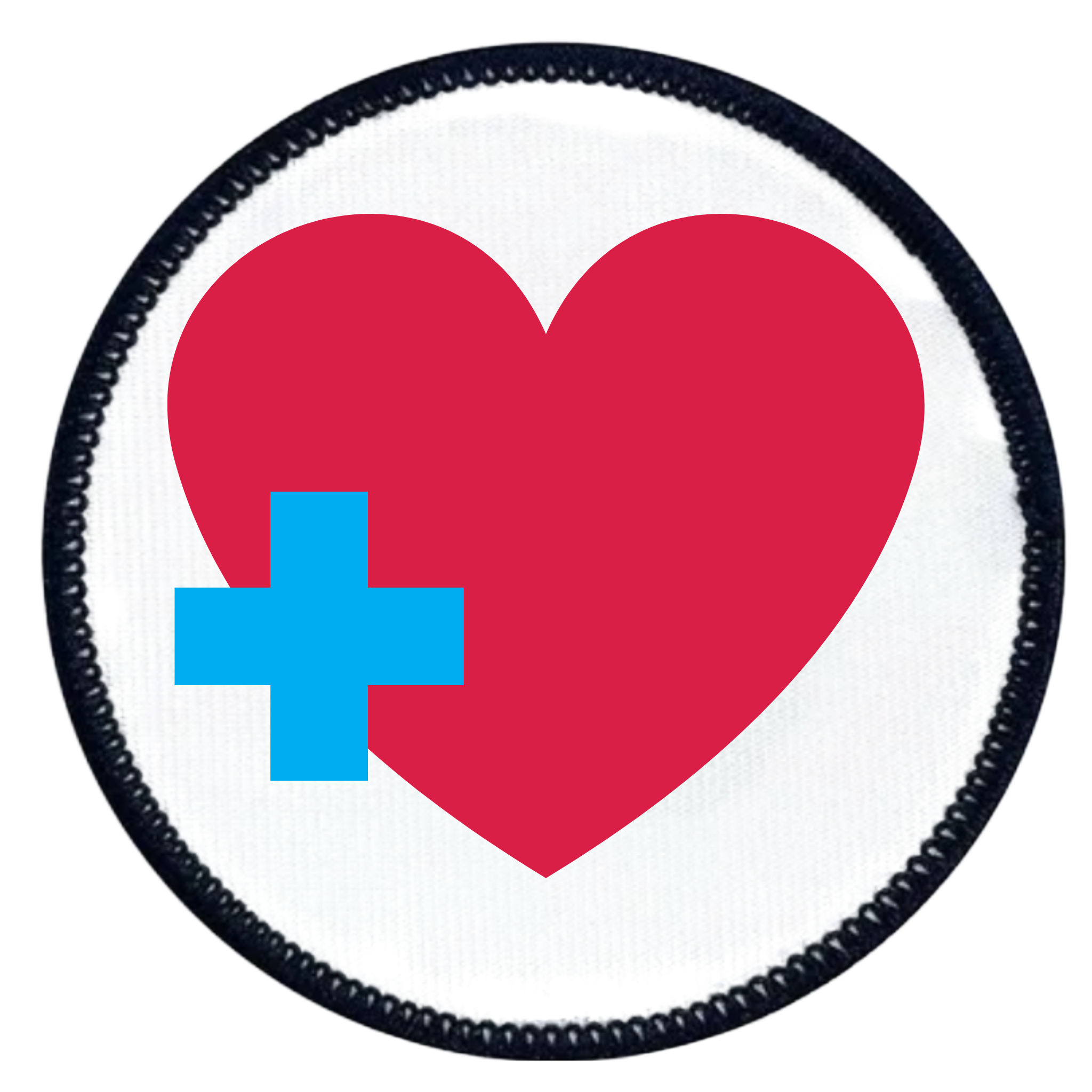 Health Supporter Badge Red heart with a blue cross inside a teal circle on a white background