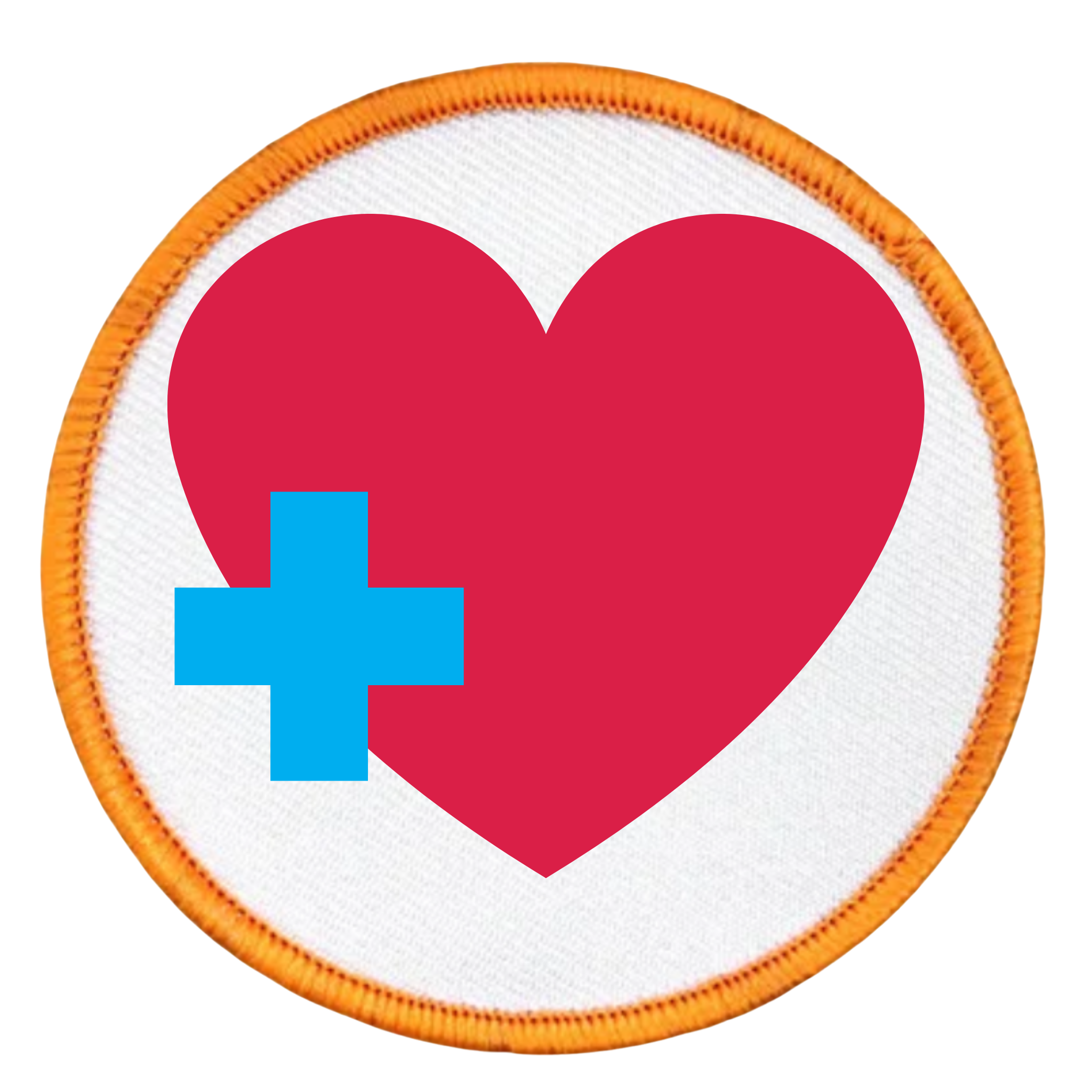 Health Supporter Badge Red heart with a blue cross inside a teal circle on a white background
