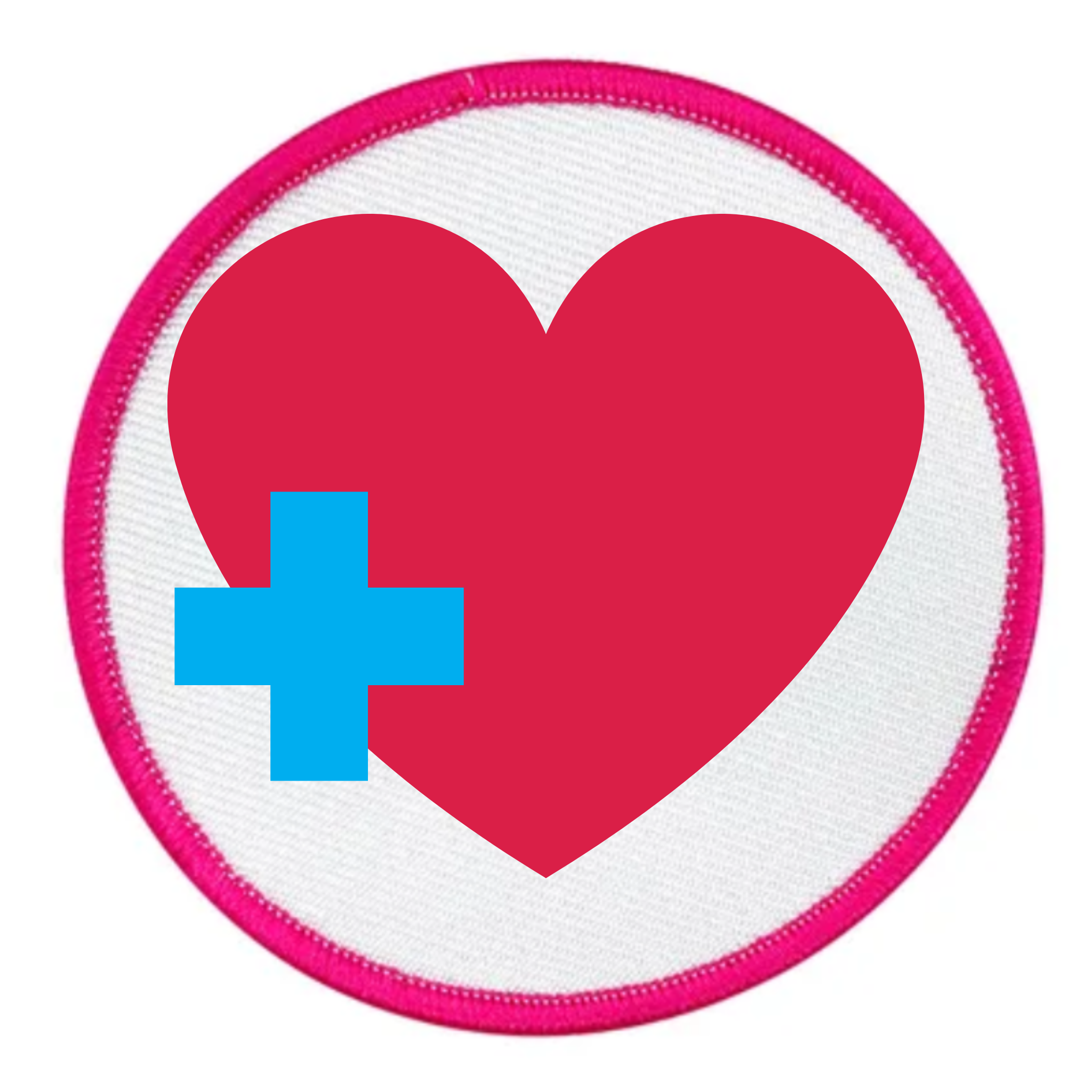 Health Supporter Badge Red heart with a blue cross inside a teal circle on a white background
